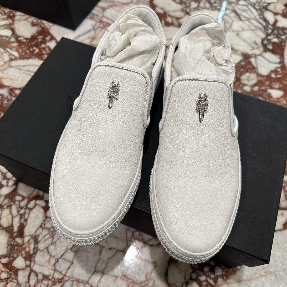 Chrome Hearts Ch Plus Leather Patch Dagger Slip On Shoes in White, Men's (Size 6.5)