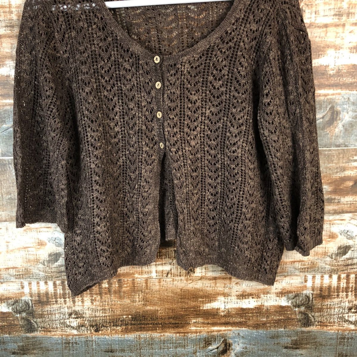 Japanese Brand Lemiore Brown crochet mesh net Cardigan Knitwear #A1482 Size M / US 6-8 / IT 42-44 - 6 Thumbnail