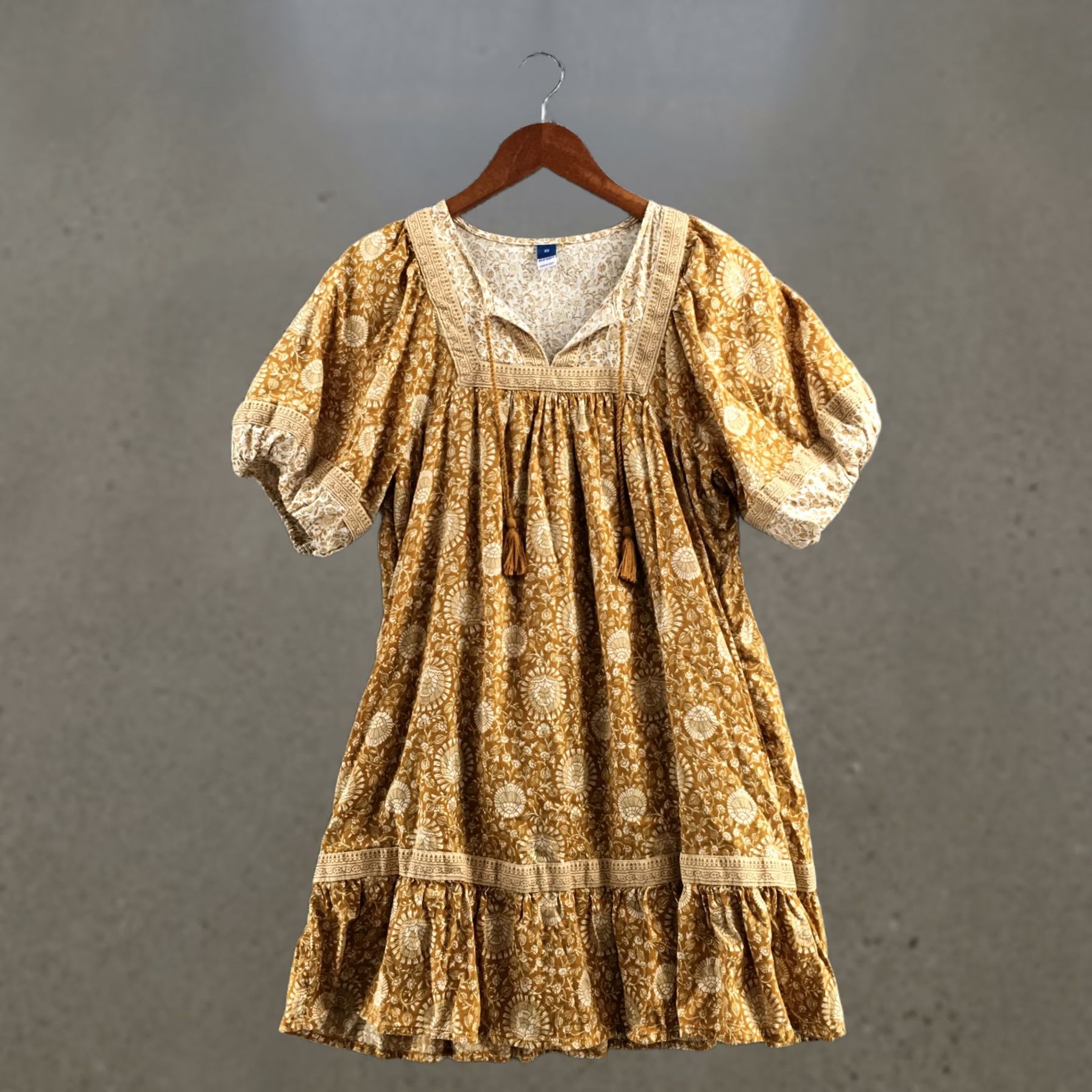 Old Navy Old Navy Dress Womens XS Mustard Floral Short Puff Sleeve Boho Peasant Tassel Size 26" / US 2 / IT 38 - 1 Thumbnail