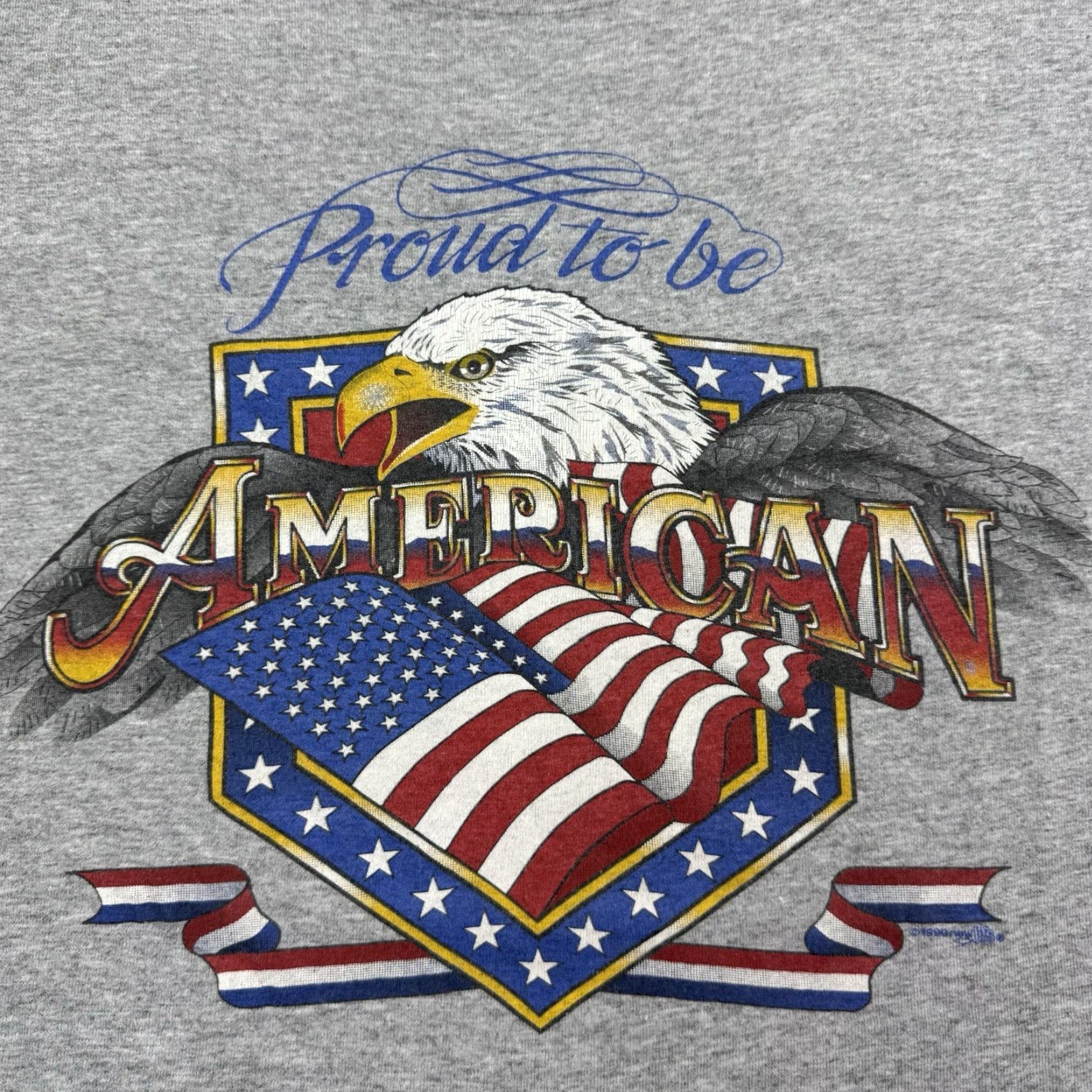 Hanes VINTAGE Hanes T-Shirt Main Selling Point: Proud American USA Flag 90s Patriotic Short Sleeve Crew Neck Gray Adult Large Mens Shirt Size US L / EU 52-54 / 3 - 2 Thumbnail