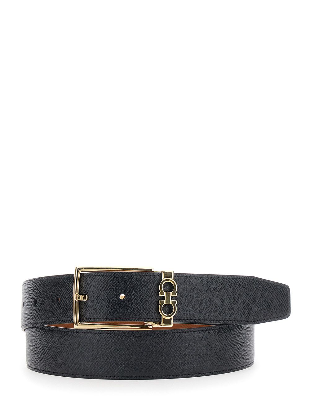 Salvatore Ferragamo Black Reversible Belt with Gancini Buckle in Hammered Leather for Men Size ONE SIZE - 1 Thumbnail