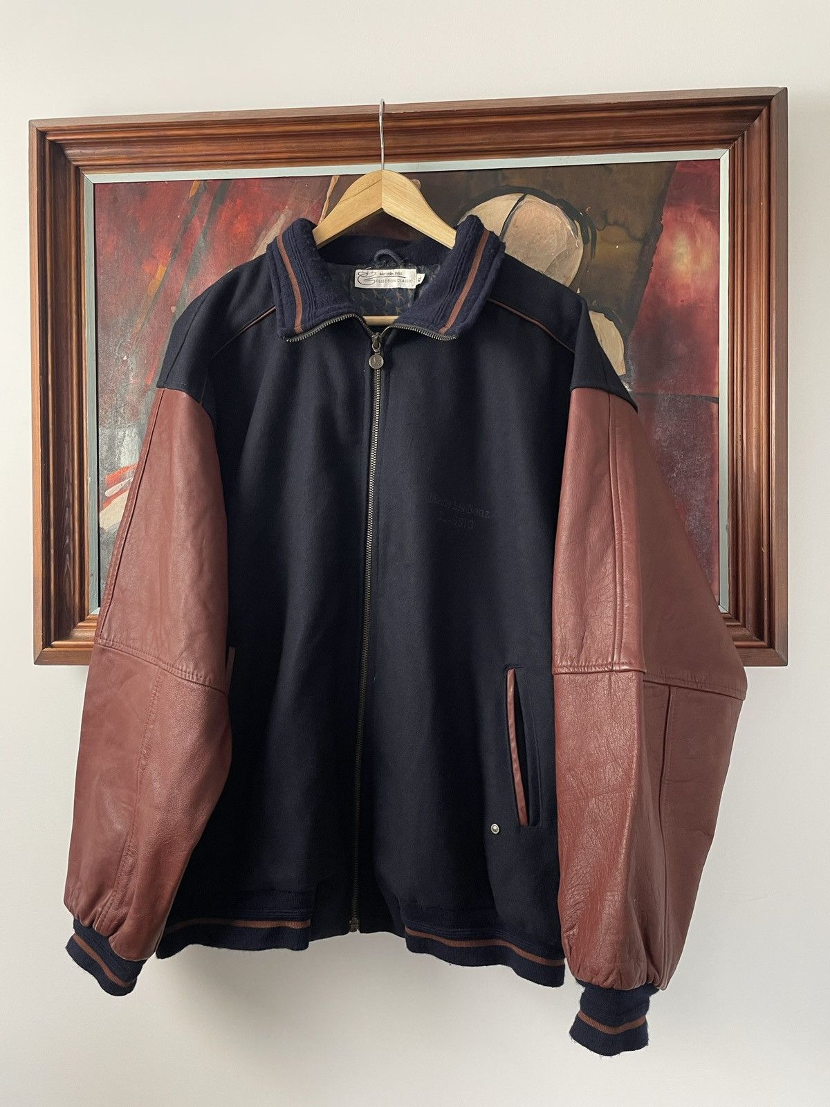 image of Vintage Mercedes Benz Leather Bomber Varsity Jacket Wool 90's in Navy/Brown, Men's (Size XL)