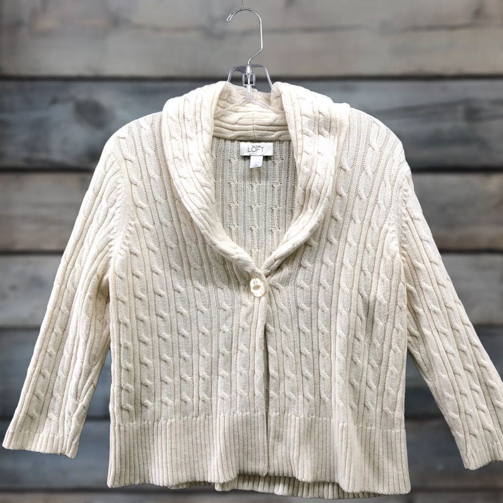 Loft LOFT Cardigan Womens L Ivory Cable Knit One Button Shawl Collar Long Sleeve Knit Woolish Cardigan Style Regular Size L / US 10 / IT 46 - 1 Thumbnail