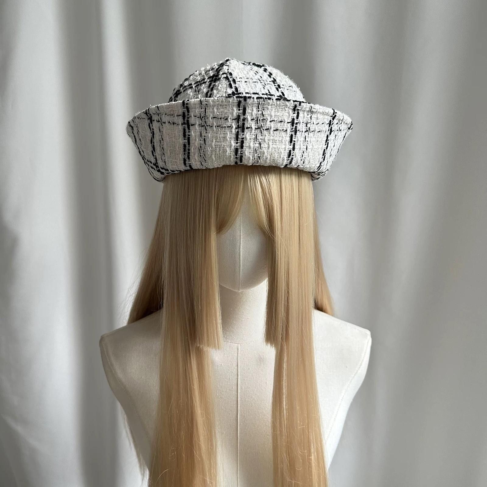 Japanese Brand Black & White Plaid Tweed Beret Sailor Hat Y2K French Girl Size ONE SIZE - 2 Thumbnail