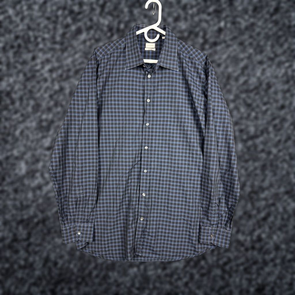 Vintage Luciano Barbera Dress Shirt Men's XL Plaid Blue Black 100% Cotton Italy Button Collar Spread Shirt Regular Mens Size 46R - 1 Thumbnail
