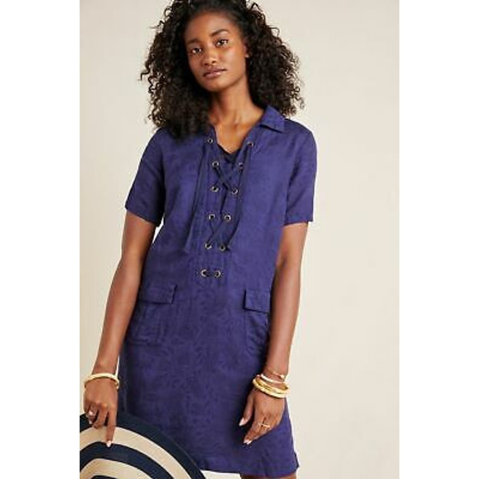 image of Anthropologie Finley Lace-Up Shirtdress $140 Size 2 Navy in Blue, Women's