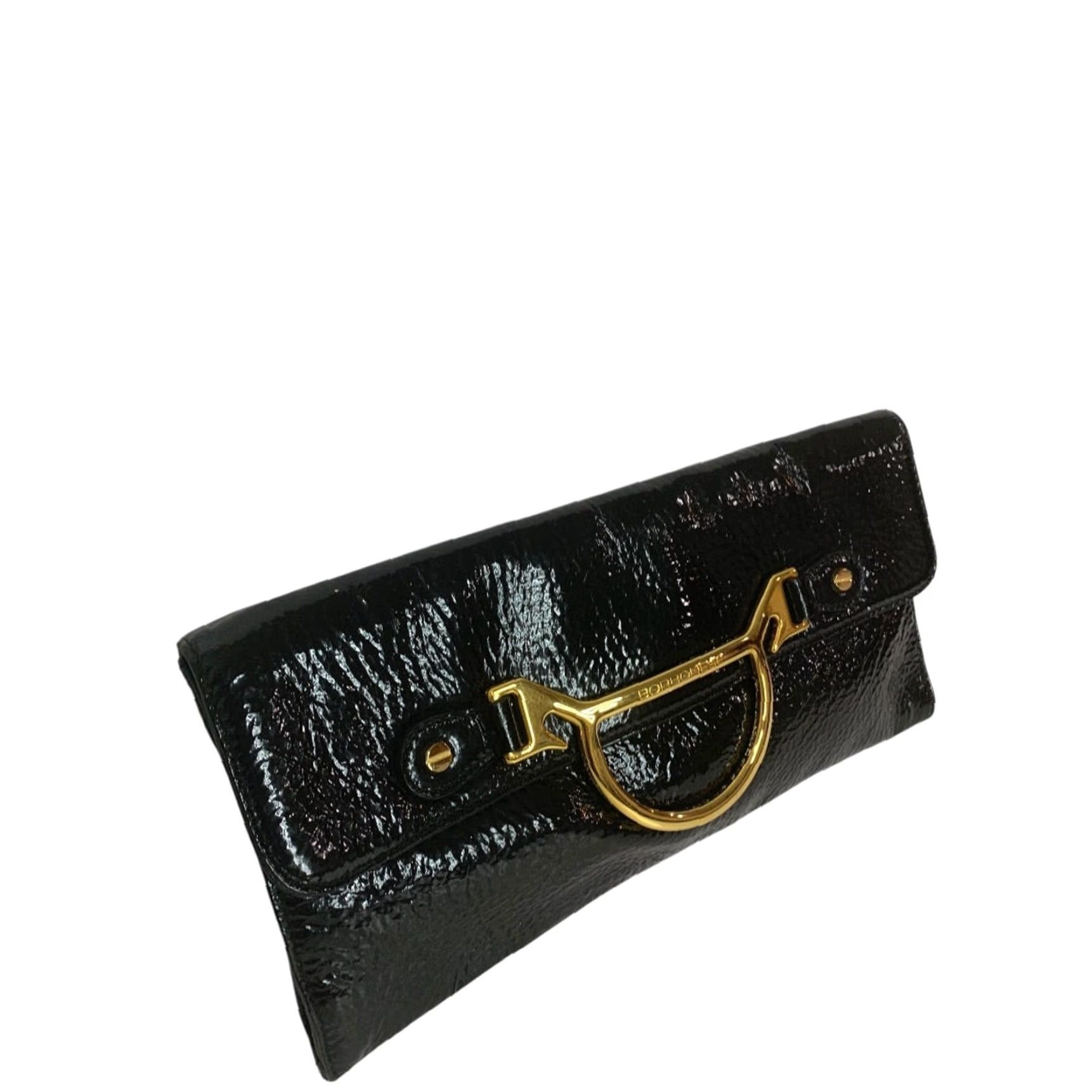 Vintage VINTAGE Borbonese Clutch Bag Envelope Crinkle Patent Leather Black 1990s Womens Size ONE SIZE - 2 Thumbnail