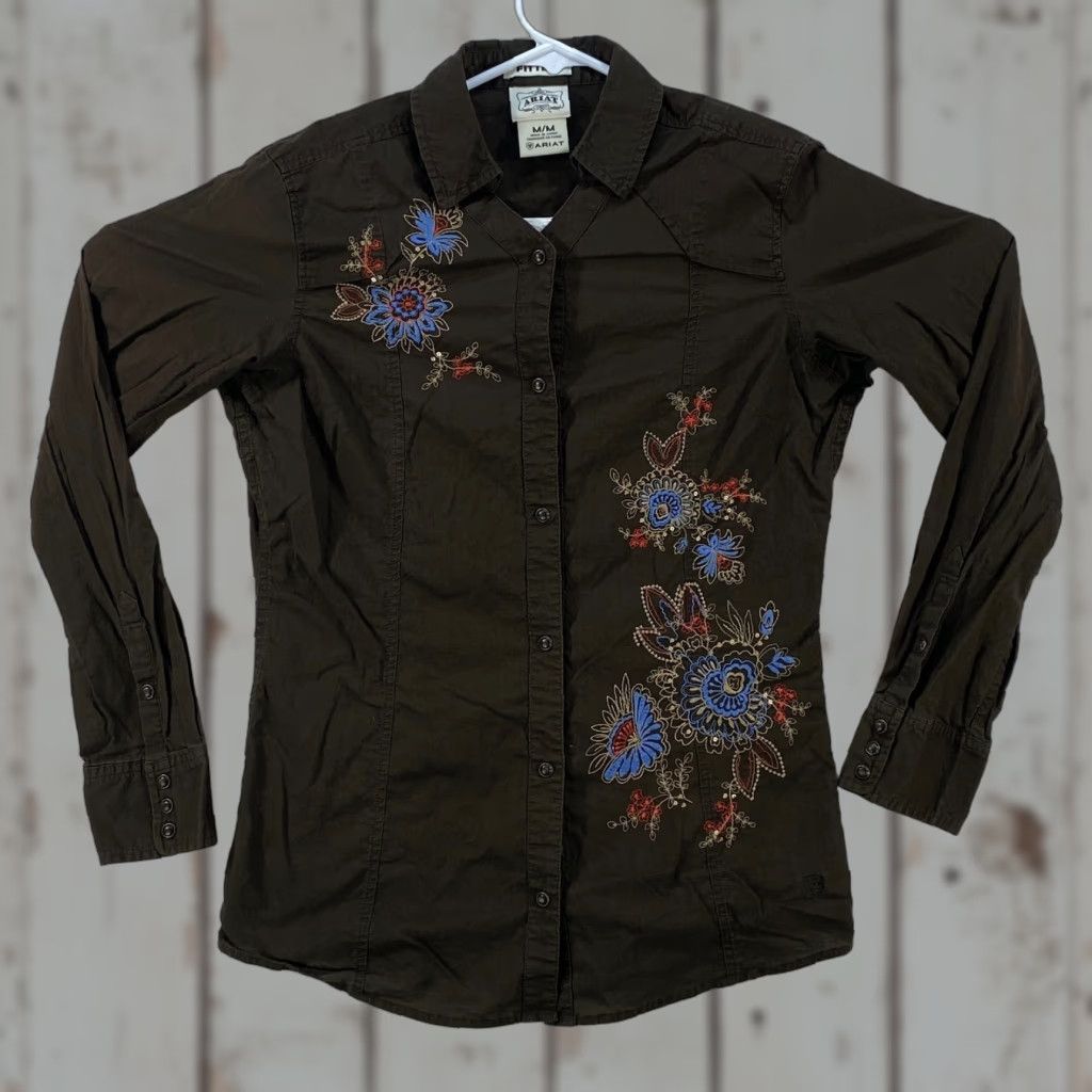 Ariat VINTAGE Ariat Womens Medium Western Cowgirl Shirt Embroidered Flowers Pearl Snap Brown Size M / US 6-8 / IT 42-44 - 1 Thumbnail