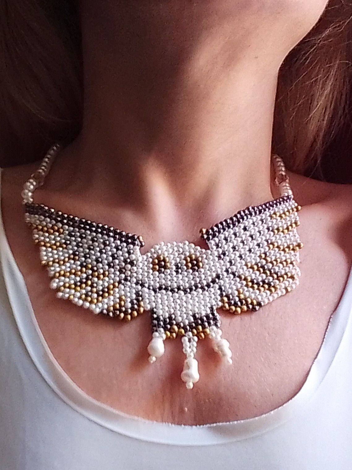 Handmade Choker Necklace Owl shaped with Freshwater pearls Size ONE SIZE - 5 Thumbnail