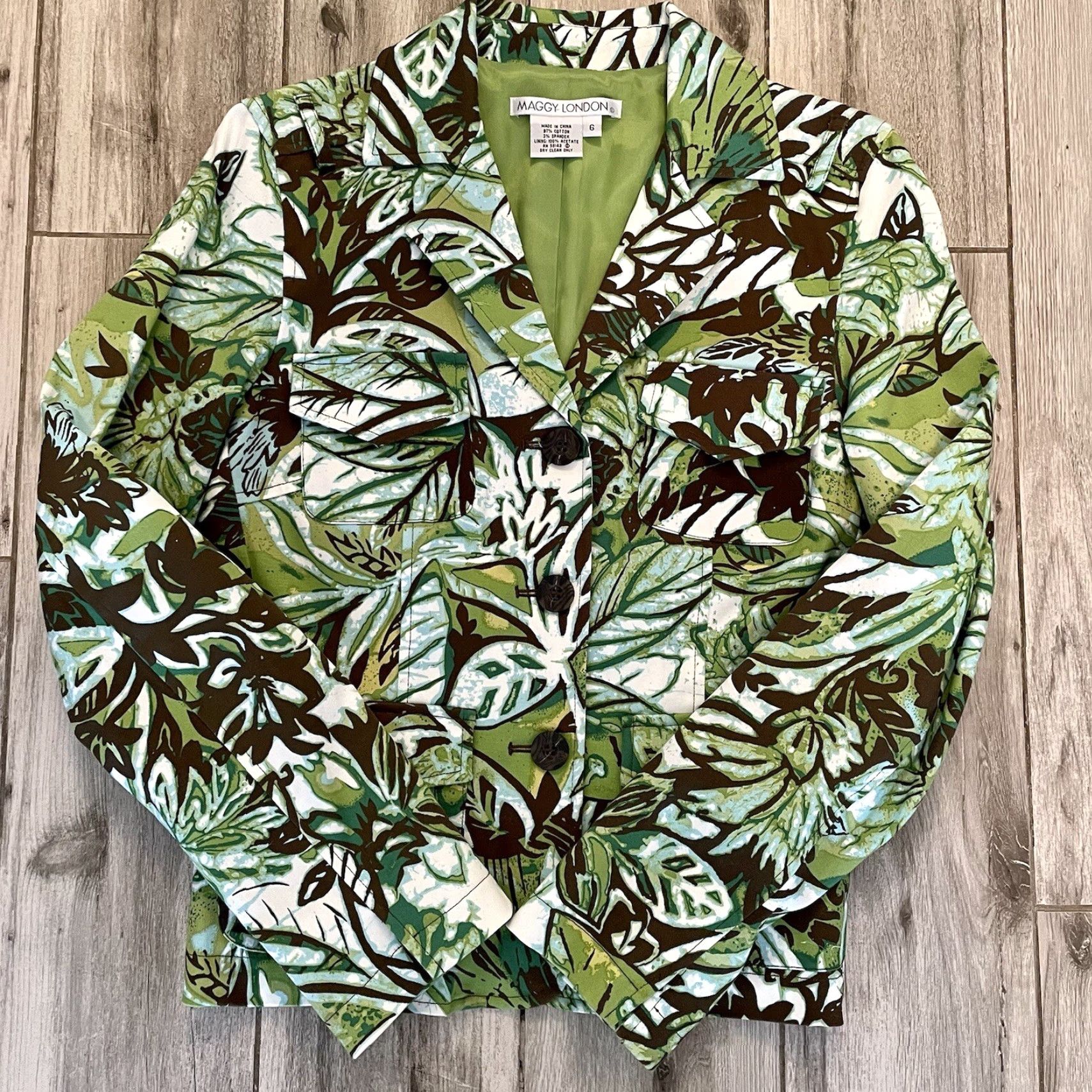 MAGGY LONDON VINTAGE Maggy London Blazer Leaf Print Cotton Jacket Green Size 6 Womens Blazer, Jacket, Cotton Blend, Leaf Theme, 90s Cruise Island Size M / US 6-8 / IT 42-44 - 4 Thumbnail