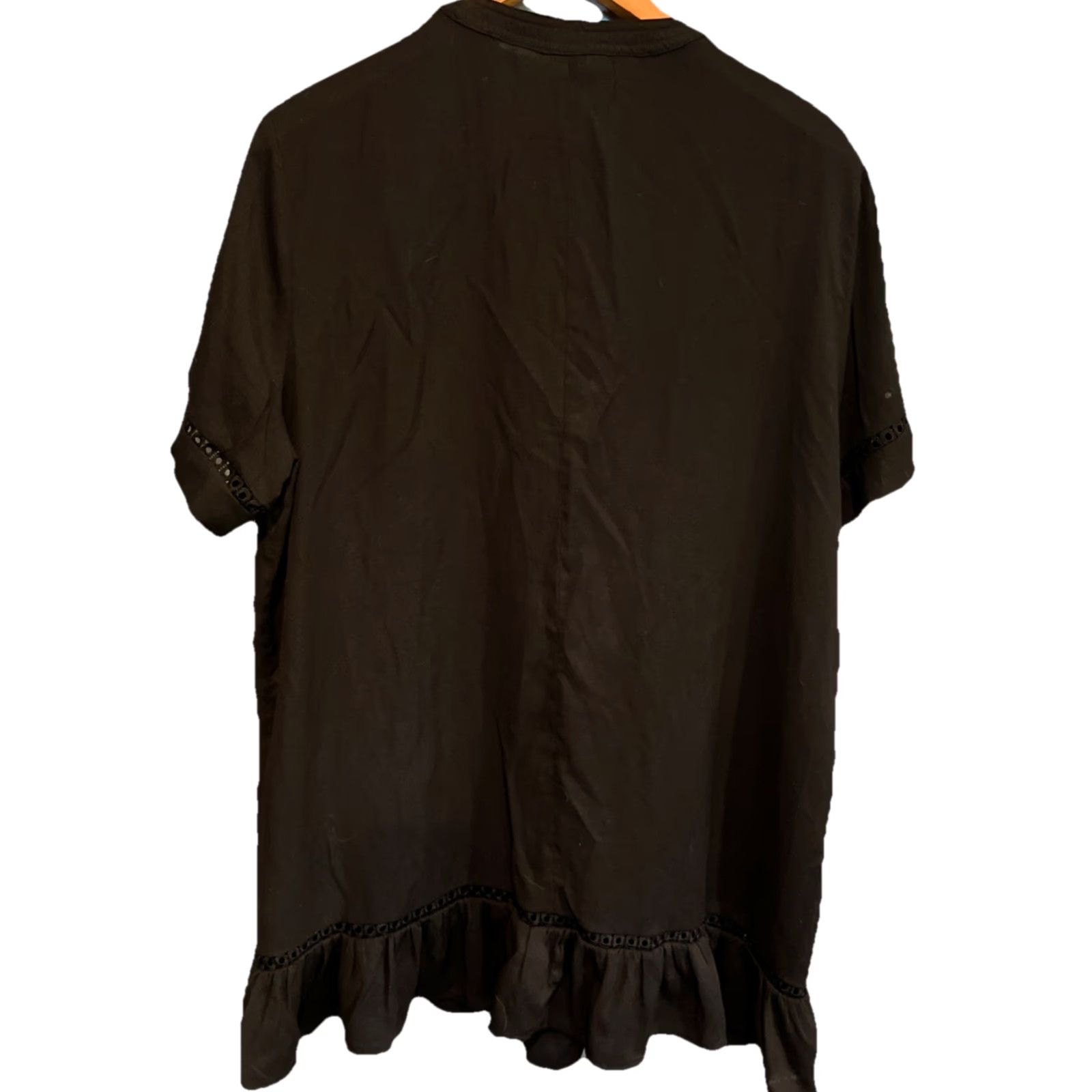 Vintage Time And Tru BLACK DRESS Cover Up V Neck Tie Tassel Ruffle Hem Cut Outs 1X 16-18 Size XL / US 12-14 / IT 48-50 - 2 Thumbnail
