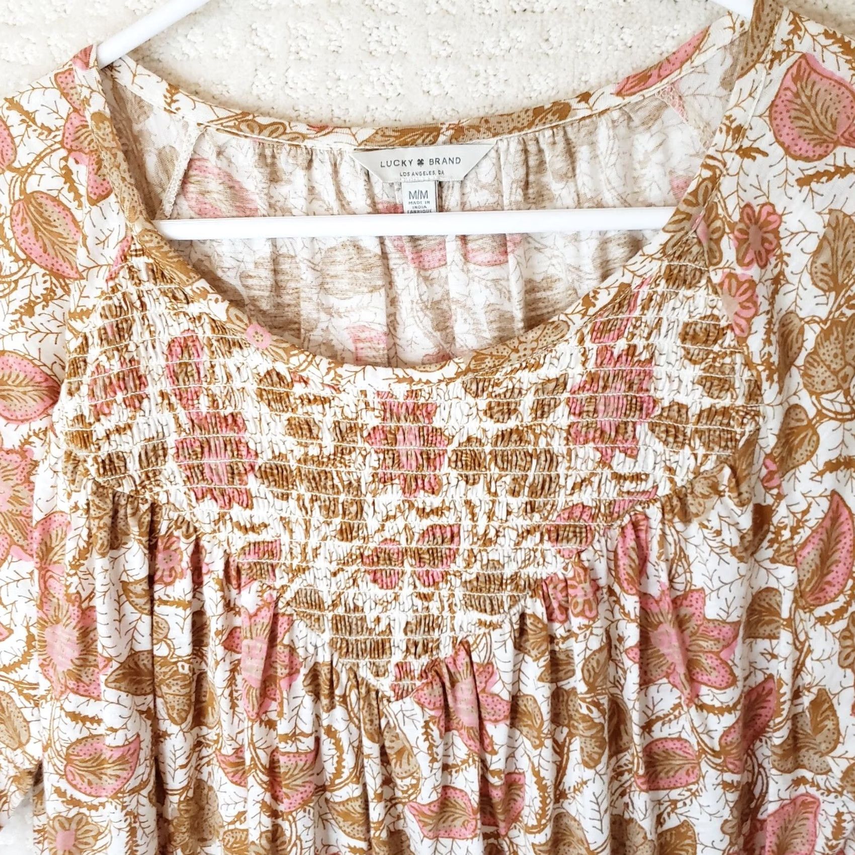Lucky Brand Lucky Brand Blouse Women's M Peach Boho Peasant Floral 3/4 Sleeve Round Neck Elastic Front Cotton Multicolor Bohemian Relaxed Casual N/A Size M / US 6-8 / IT 42-44 - 3 Thumbnail