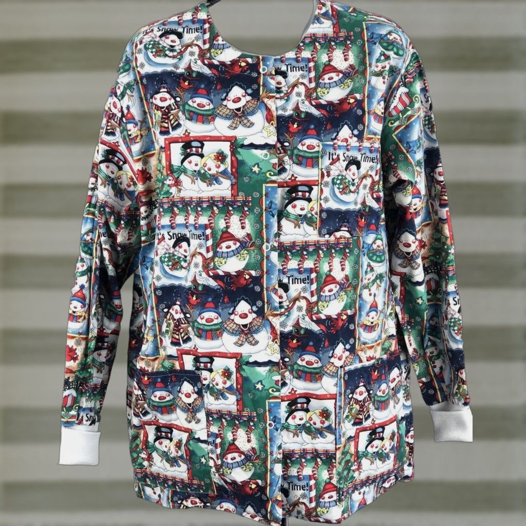 Vintage Barco Scrubs Top M Christmas Holiday Print LongSleeve Pockets Snap Front Snowman Womens) Size US M / EU 48-50 / 2 - 1 Thumbnail