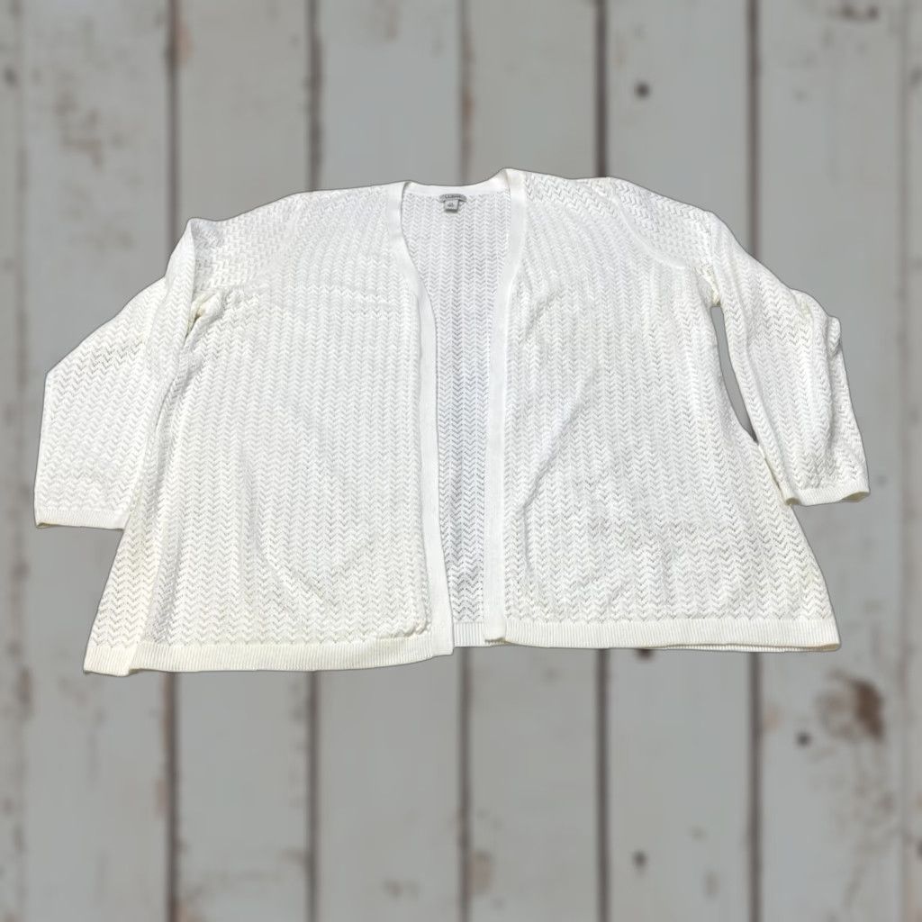L.L. Bean Open Front Sweater 2XL Womens White 100% Cotton Cardigan Raglan Open Front Chevron Design