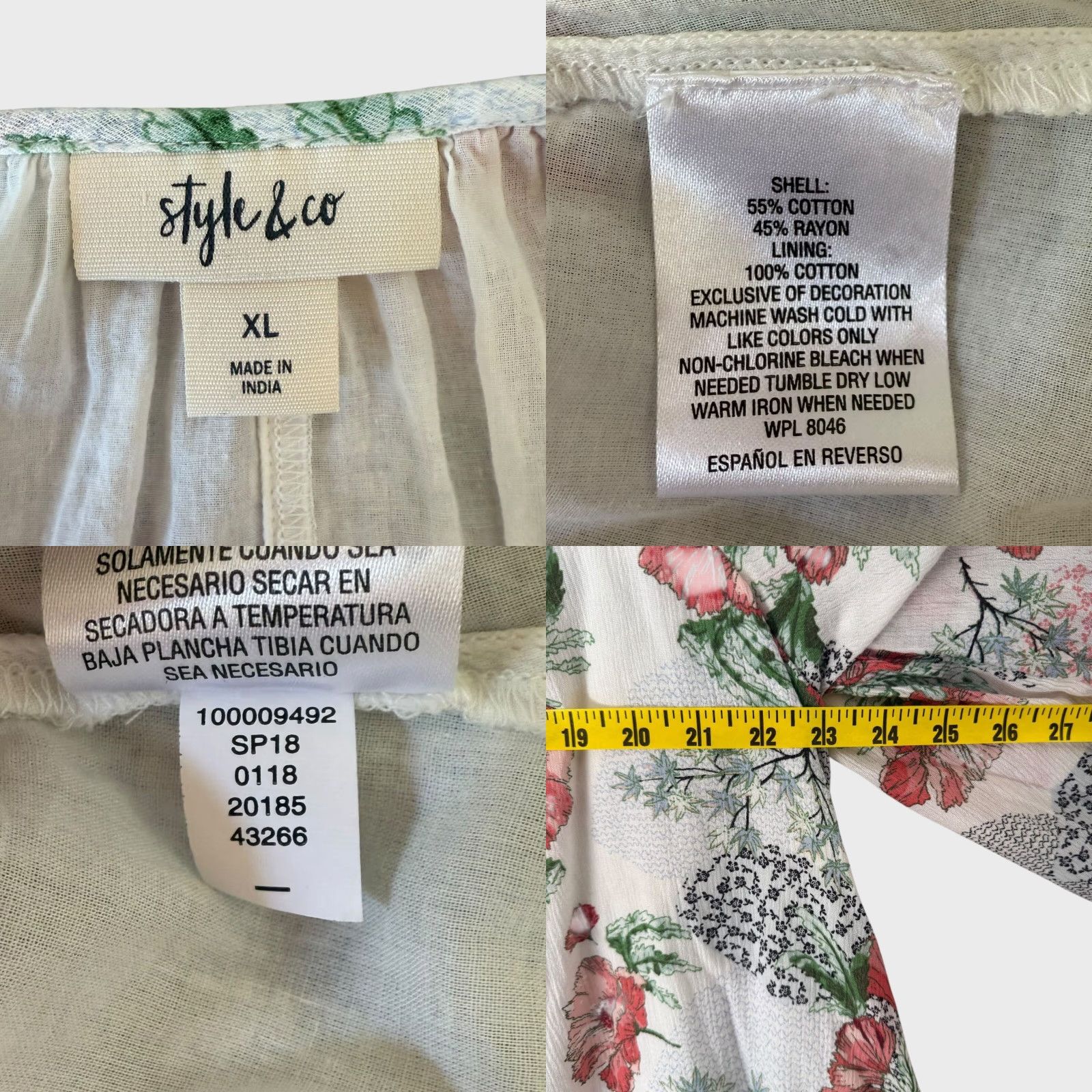 Style & Co VINTAGE Style & Co Floral Peasant Blouse White XL Bell Sleeve Tie-Neck Bohemian Womens Size XL / US 12-14 / IT 48-50 - 8 Thumbnail