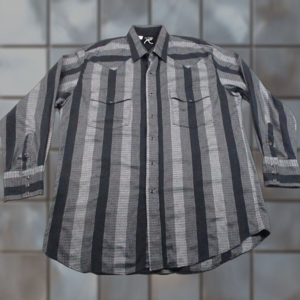 Roper VINTAGE Roper Shirt Mens XL Black Gray Western Pearl Snap Front Striped Long Sleeve Size US XL / EU 56 / 4 - 1 Thumbnail