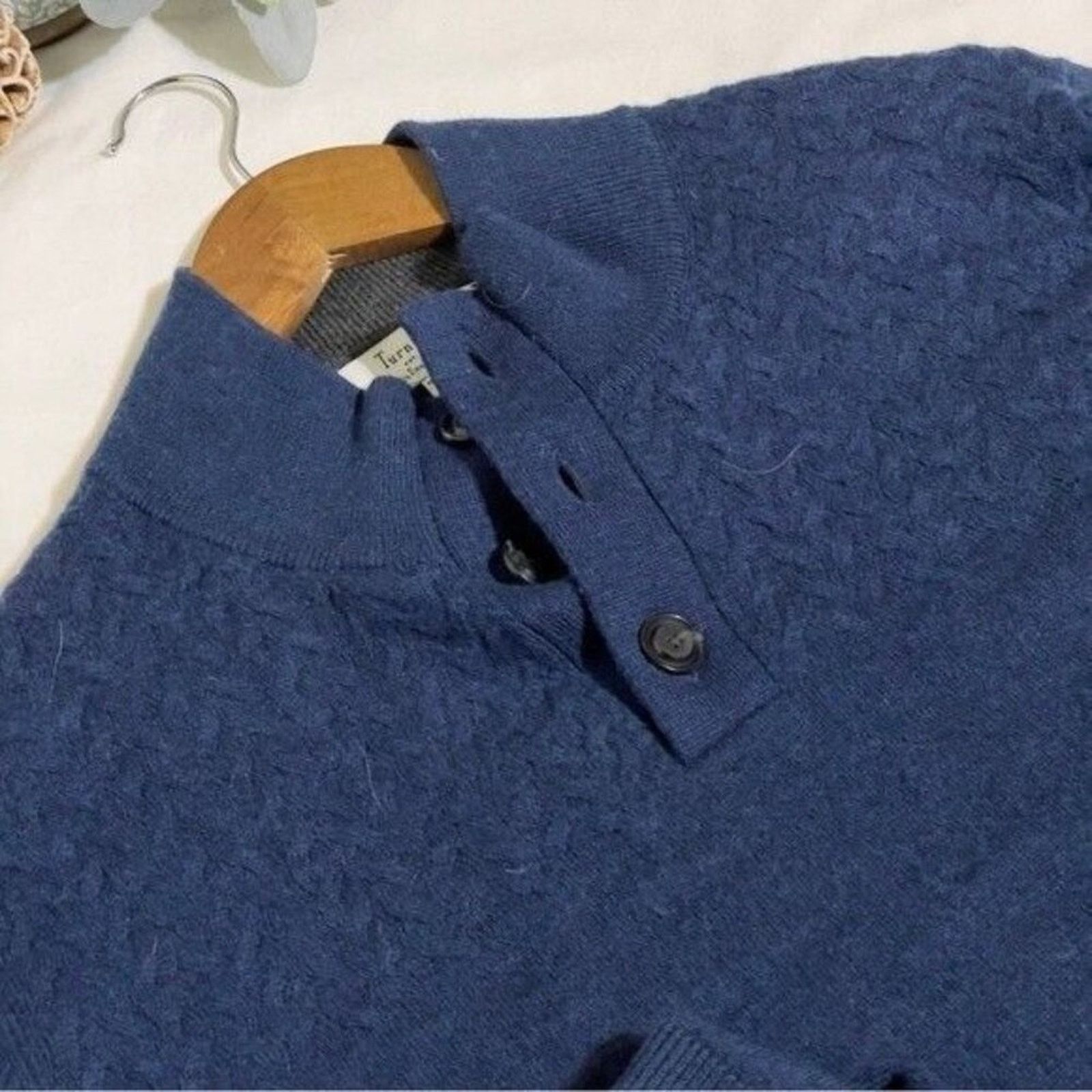 Turnbury Turnbury Merino Wool Henley Sweater Large Blue Mock Neck Size US L / EU 52-54 / 3 - 6 Thumbnail