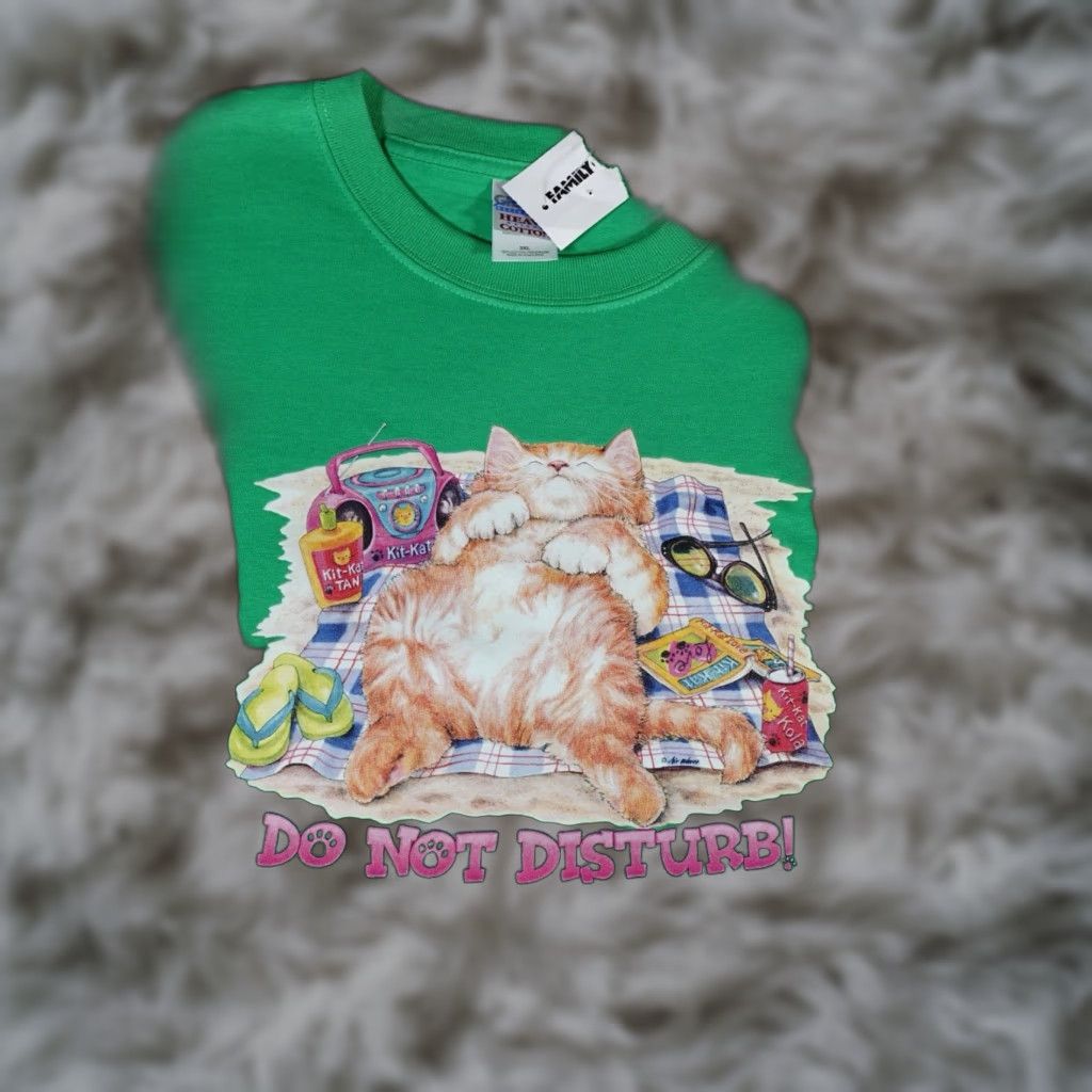 Vintage VINTAGE Do Not Disturb Cat T-Shirt Mens 3XL Green Funny Graphic Print Crew Neck Cotton Shirt Summer Fall 2000s Size US XXL / EU 58 / 5 - 1 Thumbnail