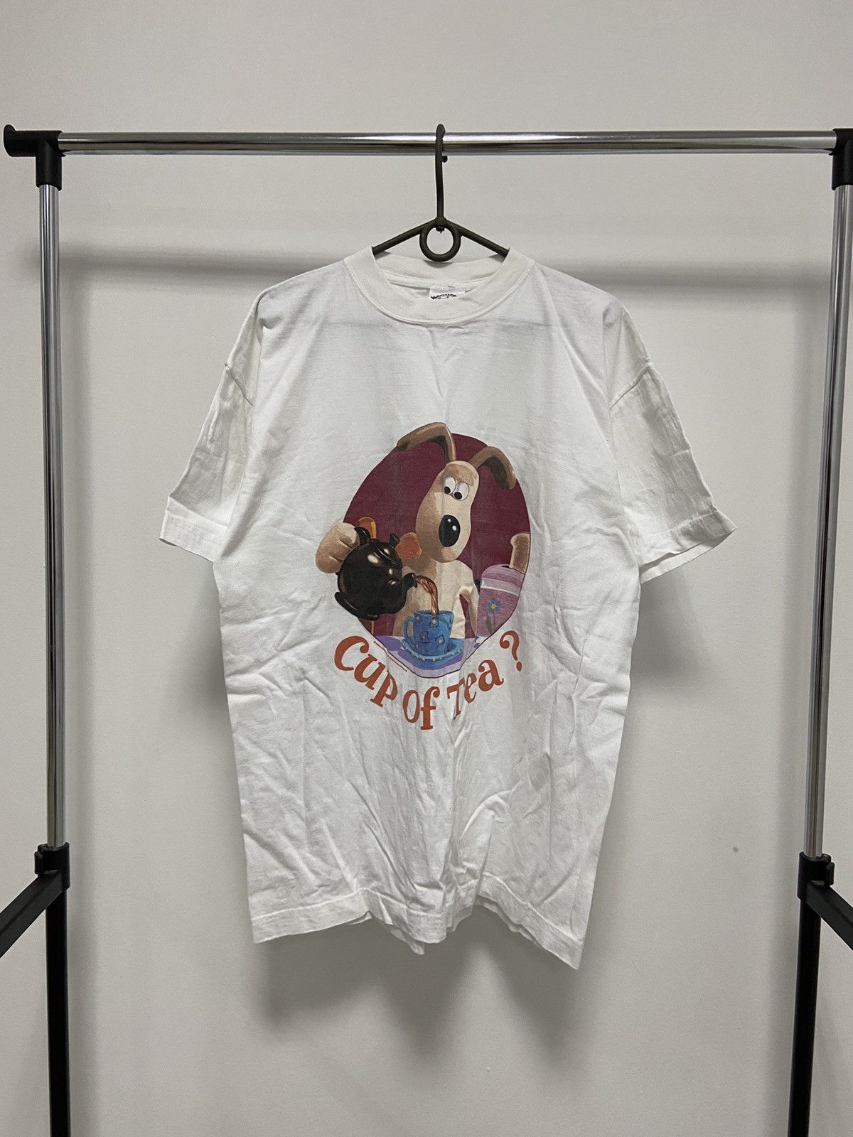 image of Cartoon Network x Movie Wallace & Gromit Cup Of Tea? Vintage T Shirt 90's Big Print in White (Size 