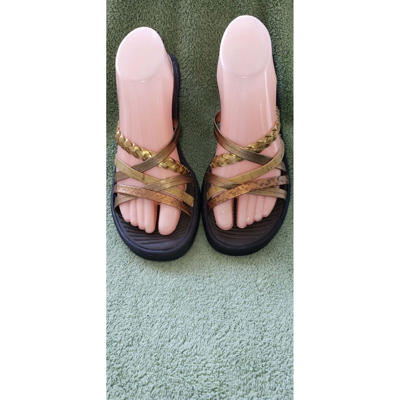 SKECHERS Skechers Women's Wedge Slide Sandal Size 10M Gold Multi-Crossovers 2.25" Wedge Heel Size US 8 / IT 38 - 3 Thumbnail