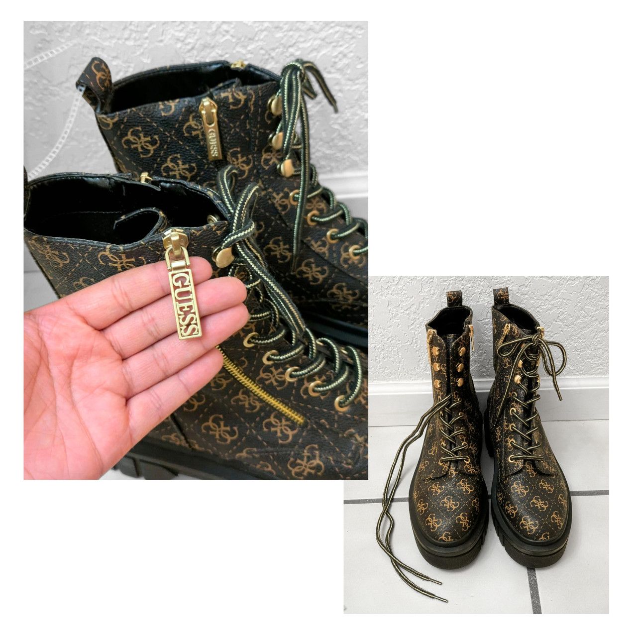 Guess GUESS "Ferina" Faux Leather Black & Gold Logo Combat Boots Size US 10 / IT 40 - 2 Thumbnail