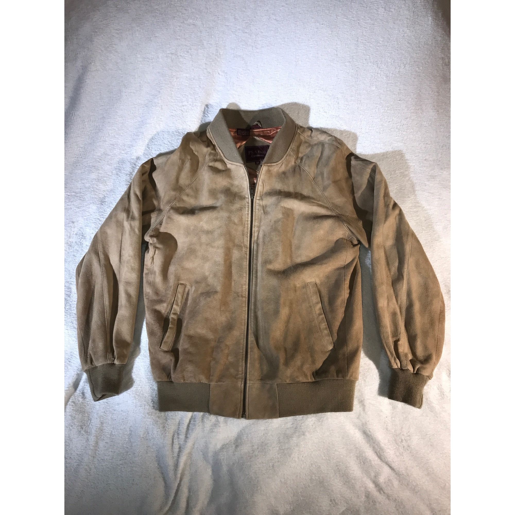 A Bank Men's Vintage Beige Suede Full Zip Bomber Jacket