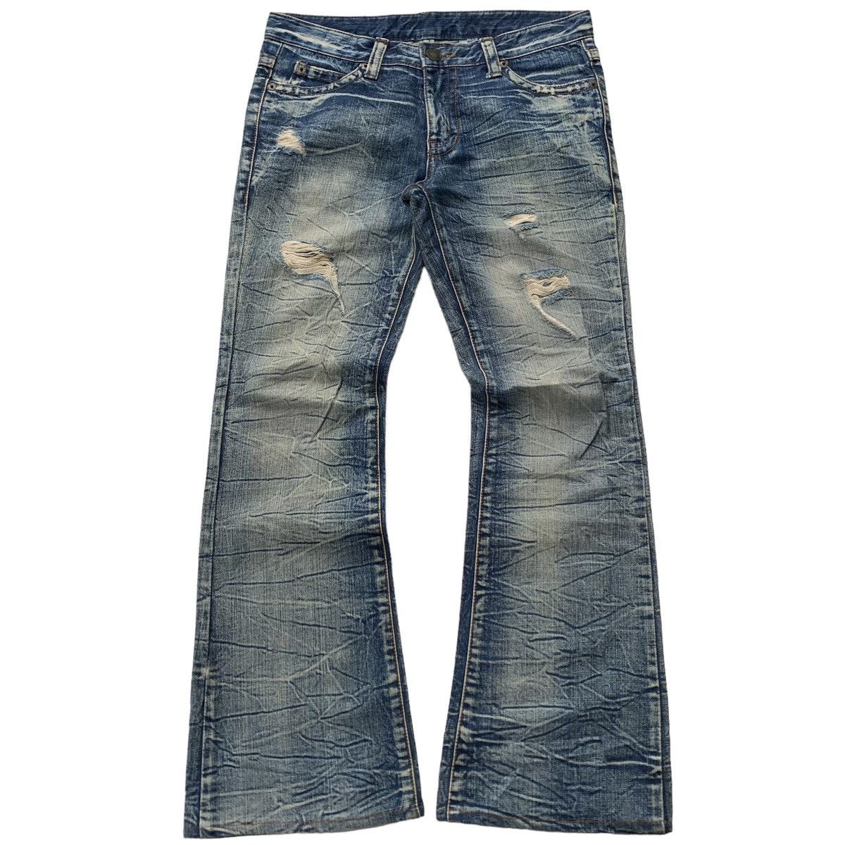 image of If Six Was Nine x Tornado Mart Agate Mud Wash Distressed Flared Jeans in Mud Navy (Size 30)