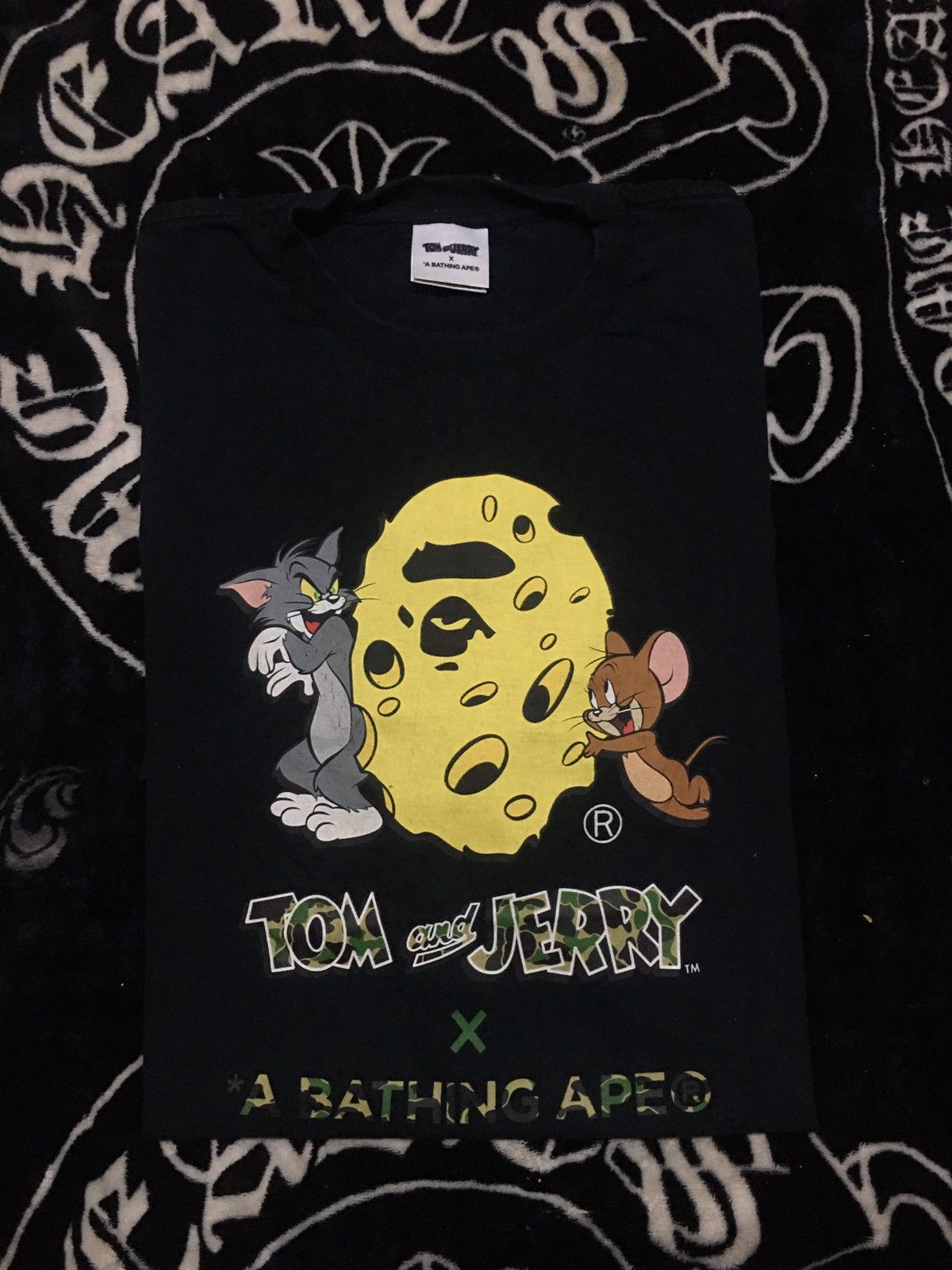 image of Bape X Tom And Jerry Cheese Ape Head Tee in Black, Men's (Size 2XL)