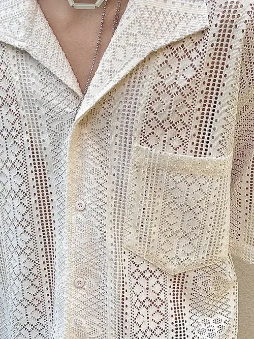 VIBE Korean fashion beige retro lace hollow button up shirt Size US M / EU 48-50 / 2 - 3 Thumbnail