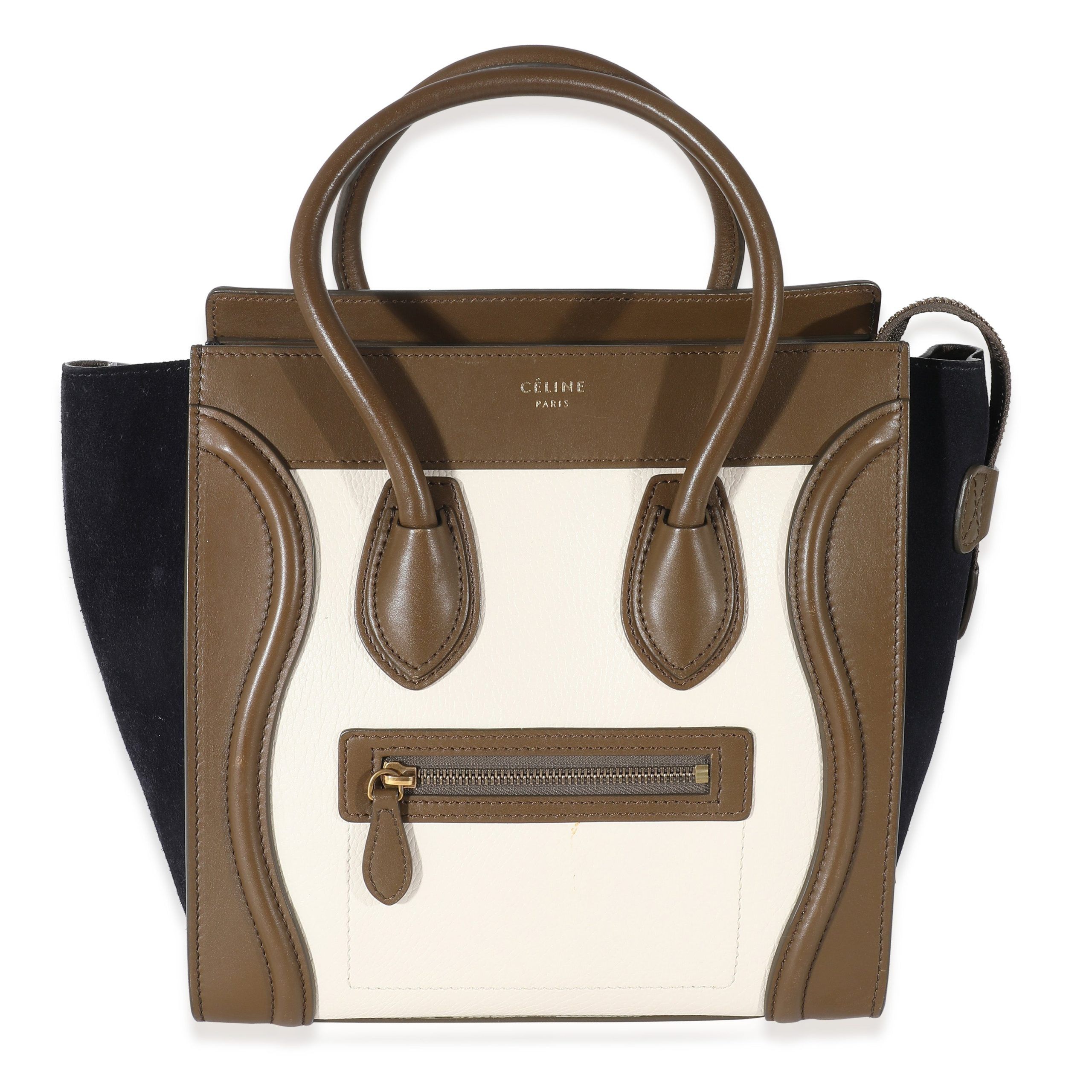 image of Celine Suede Leather Tricolor Micro Luggage Tote in Brown, Women's