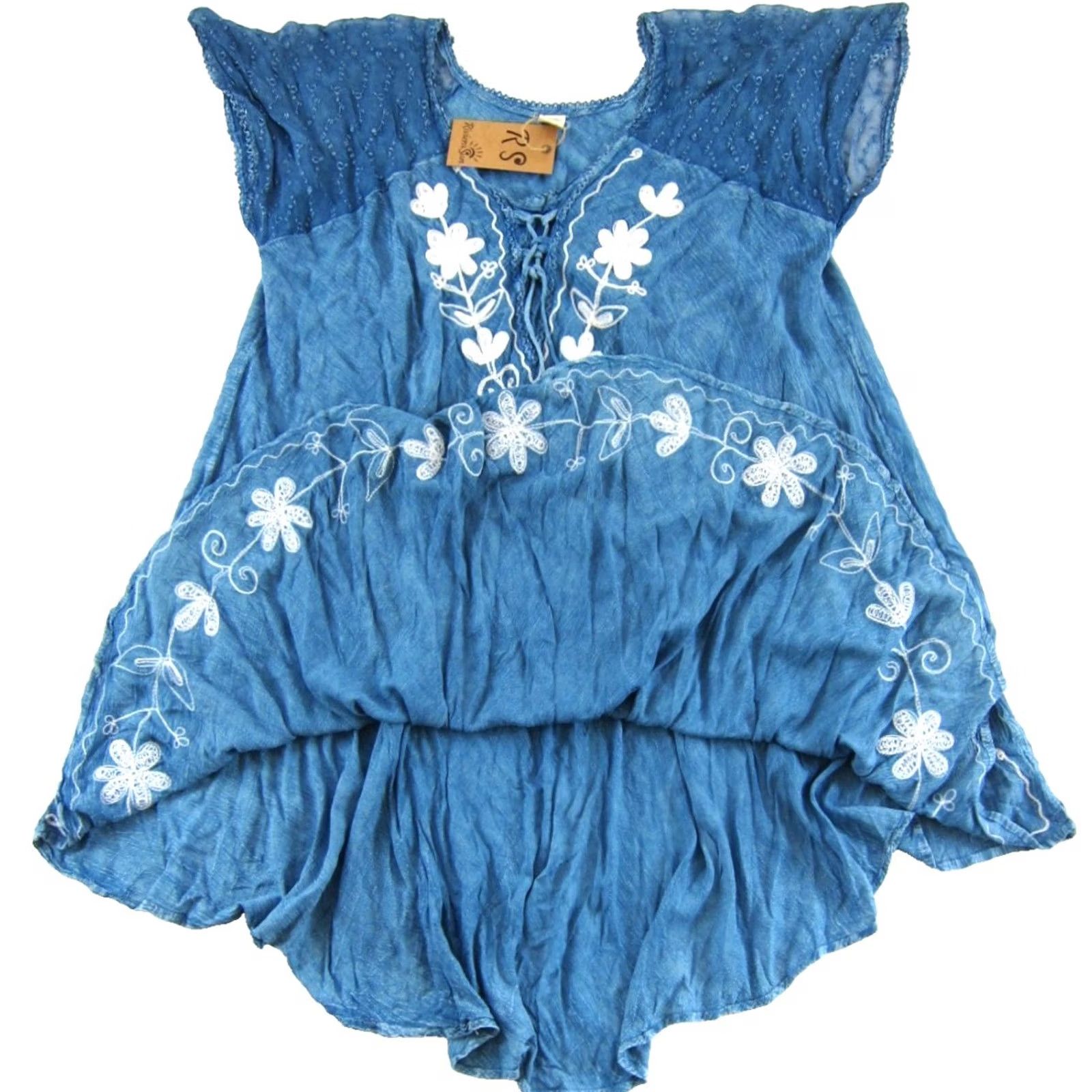 Rivieras Riviera Sun Dress Floral Short Sleeve Smock XL Blue White Embroidered Midi NWT Rayon Women's Shirt Dress Size 40" / US 18 - 4 Thumbnail