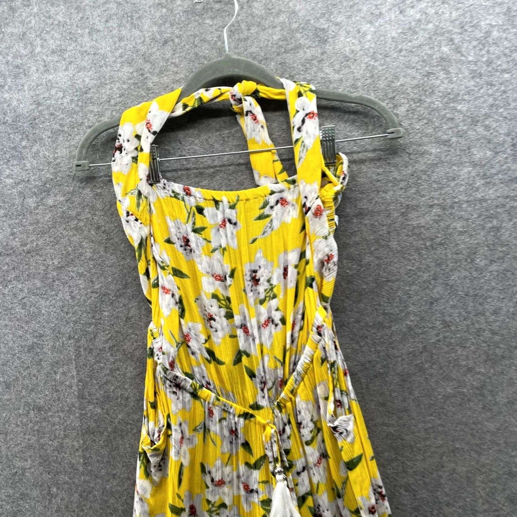 Vintage Blue Island Jumpsuit Womens L Yellow Rayon Tropical Floral Halter Wide Leg Crepe Size 36" / US 14 / IT 50 - 3 Thumbnail