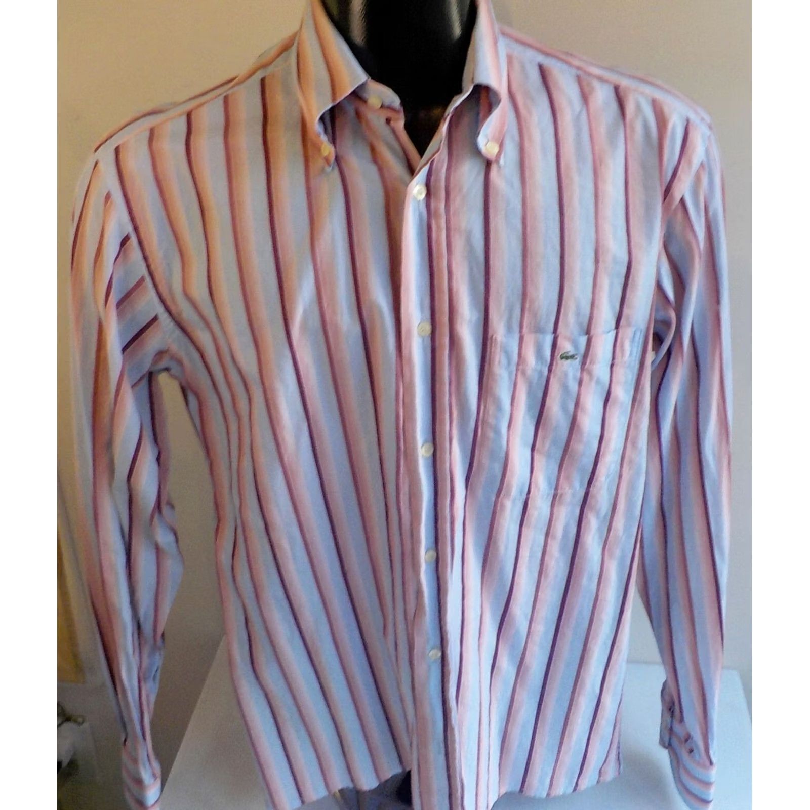 Lacoste LACOSTE Crocodile Logo L/S Shirt Pink/Blue/Maroon Striped SZ 42 Shirt Mens 100% Cotton Button-Front Size US XL / EU 56 / 4 - 2 Thumbnail