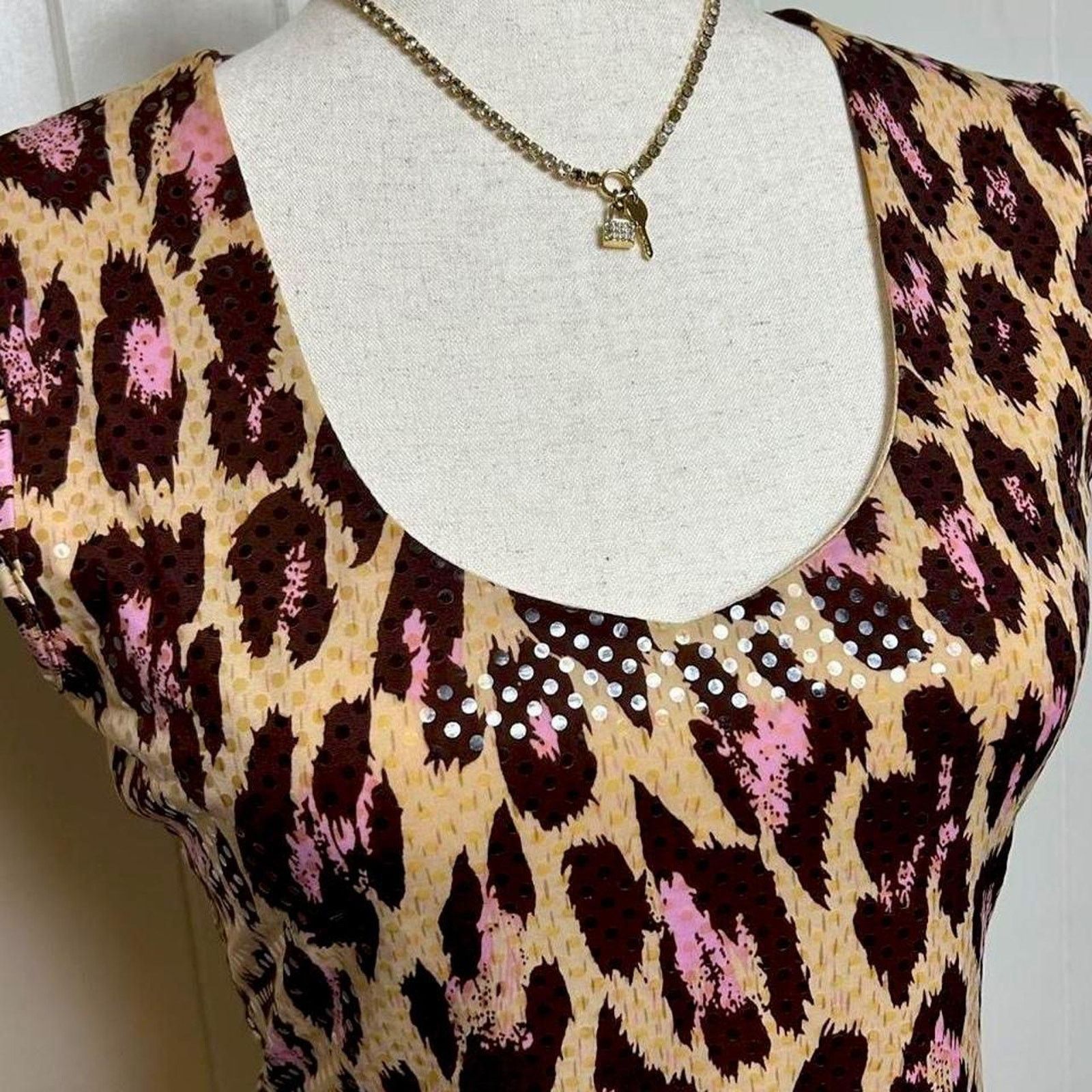 Vintage Y2K Leopard Print Women's S Pink Brown Sequin Sweetheart Top Size S / US 4 / IT 40 - 3 Thumbnail