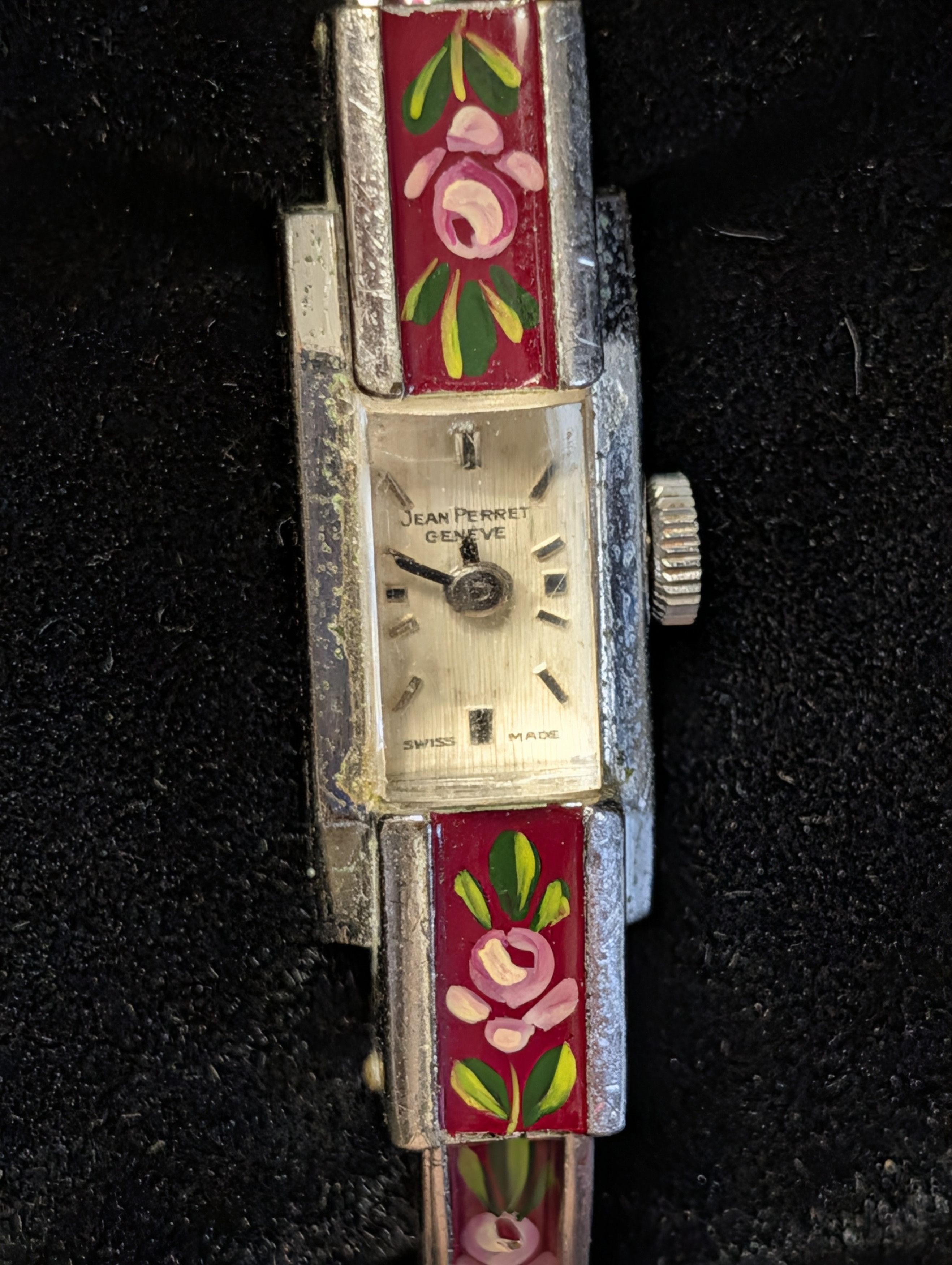 Vintage JEAN PERRET Enamel bangle bracelet floral wrist watch Size ONE SIZE - 2 Thumbnail