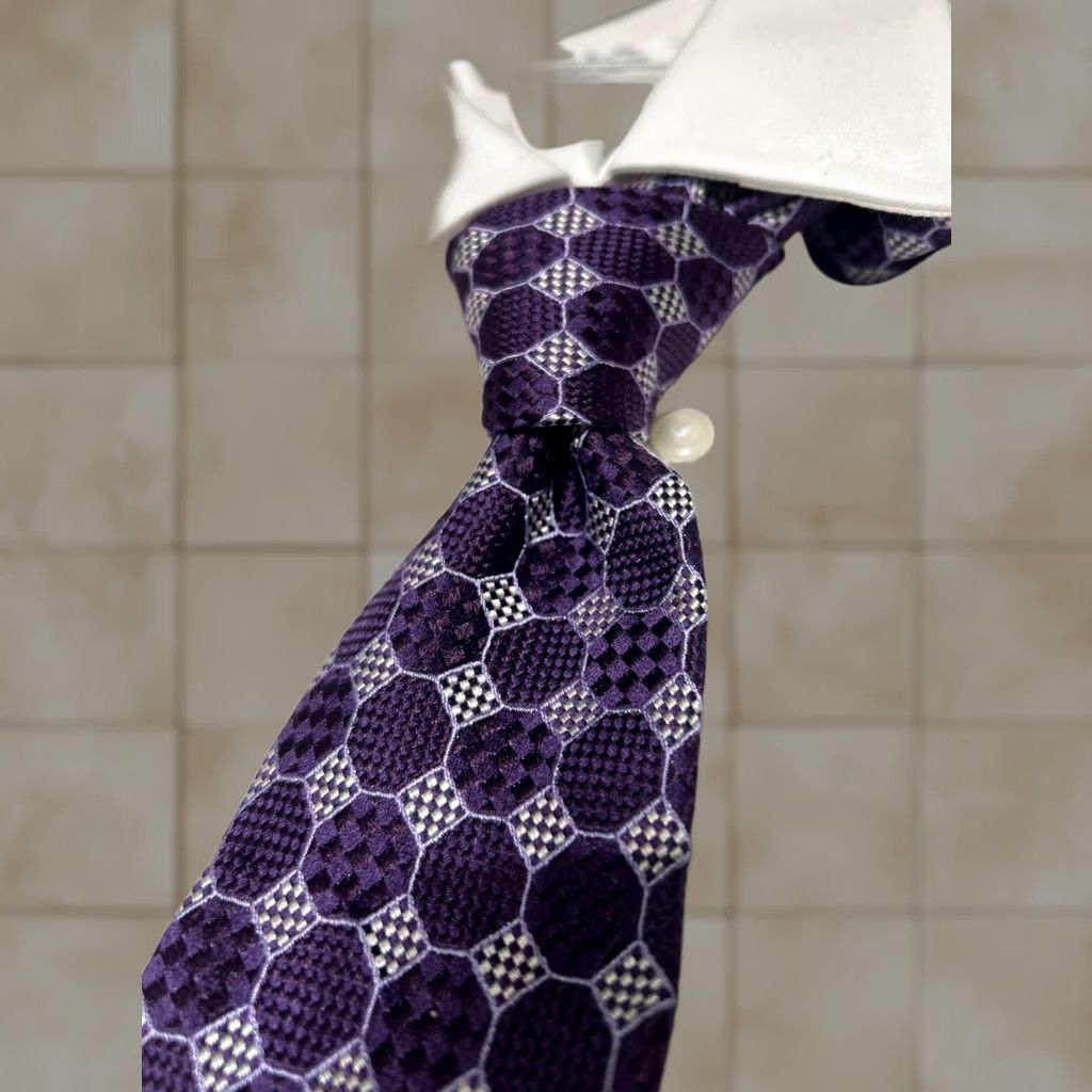 Vintage Hickey Freeman Necktie Purple Geometric Cross Silk Handmade in USA Tie Men One Size Classic Width Adjustable Vintage No Size ONE SIZE - 1 Thumbnail