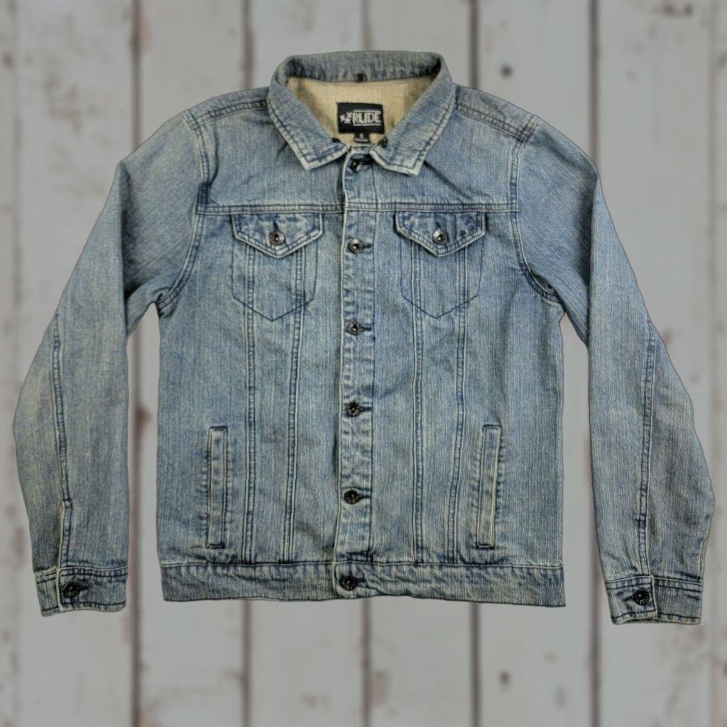 Denime VINTAGE Rude Denim Jacket Womens Small S Blue Classic Trucker 100% Cotton Long Sleeve Button Medium Wash Size S / US 4 / IT 40 - 1 Thumbnail