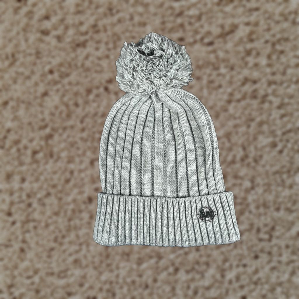Michael Kors Michael Kors Beanie Women One Size Gray Ribbed Knit Acrylic Logo Pom Hat Size ONE SIZE - 1 Thumbnail