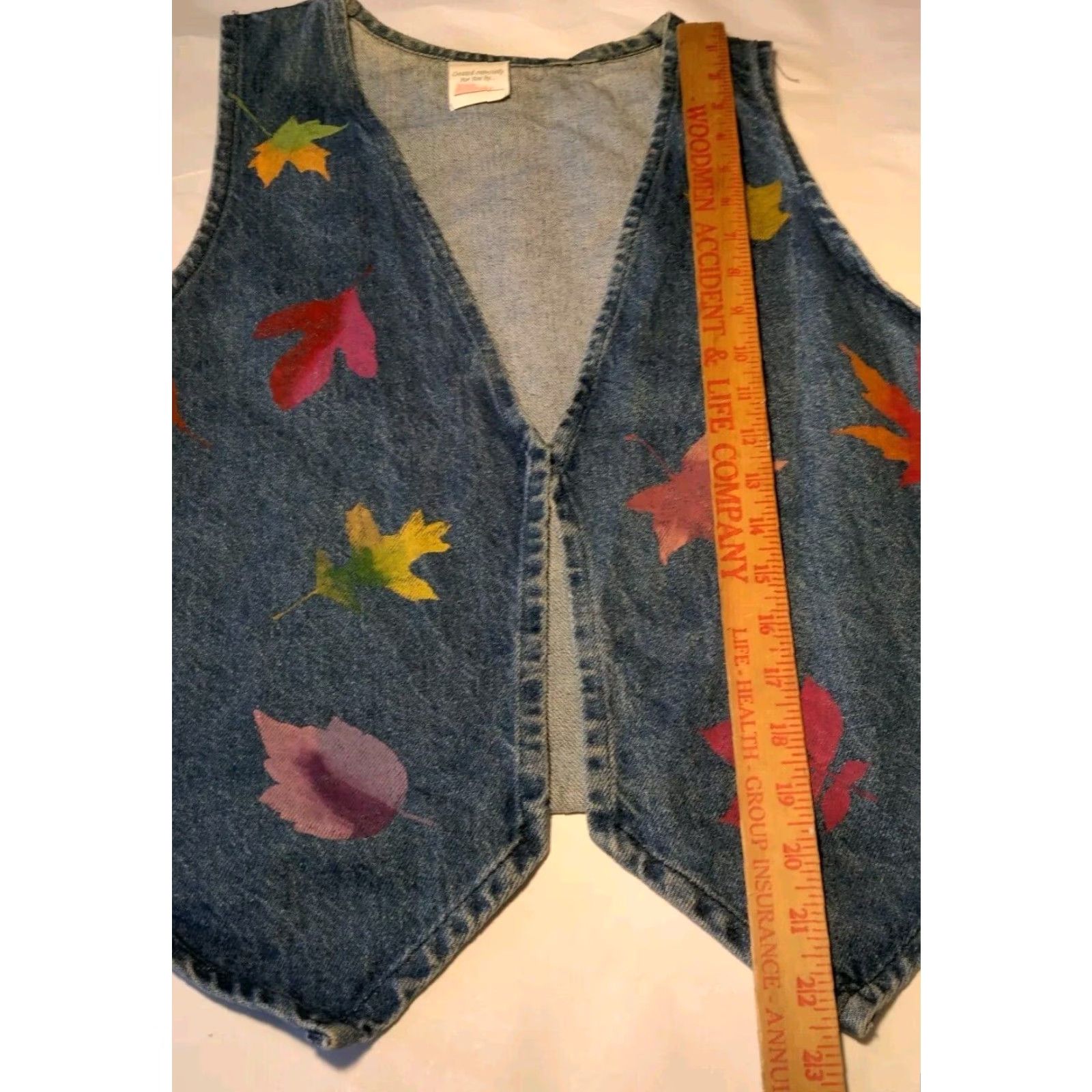 Denime VINTAGE Upcycled Jean Vest Women One Size Blue Denim Painted Leaves Fall Autumn Leaf Size 42" / US 20 - 7 Thumbnail