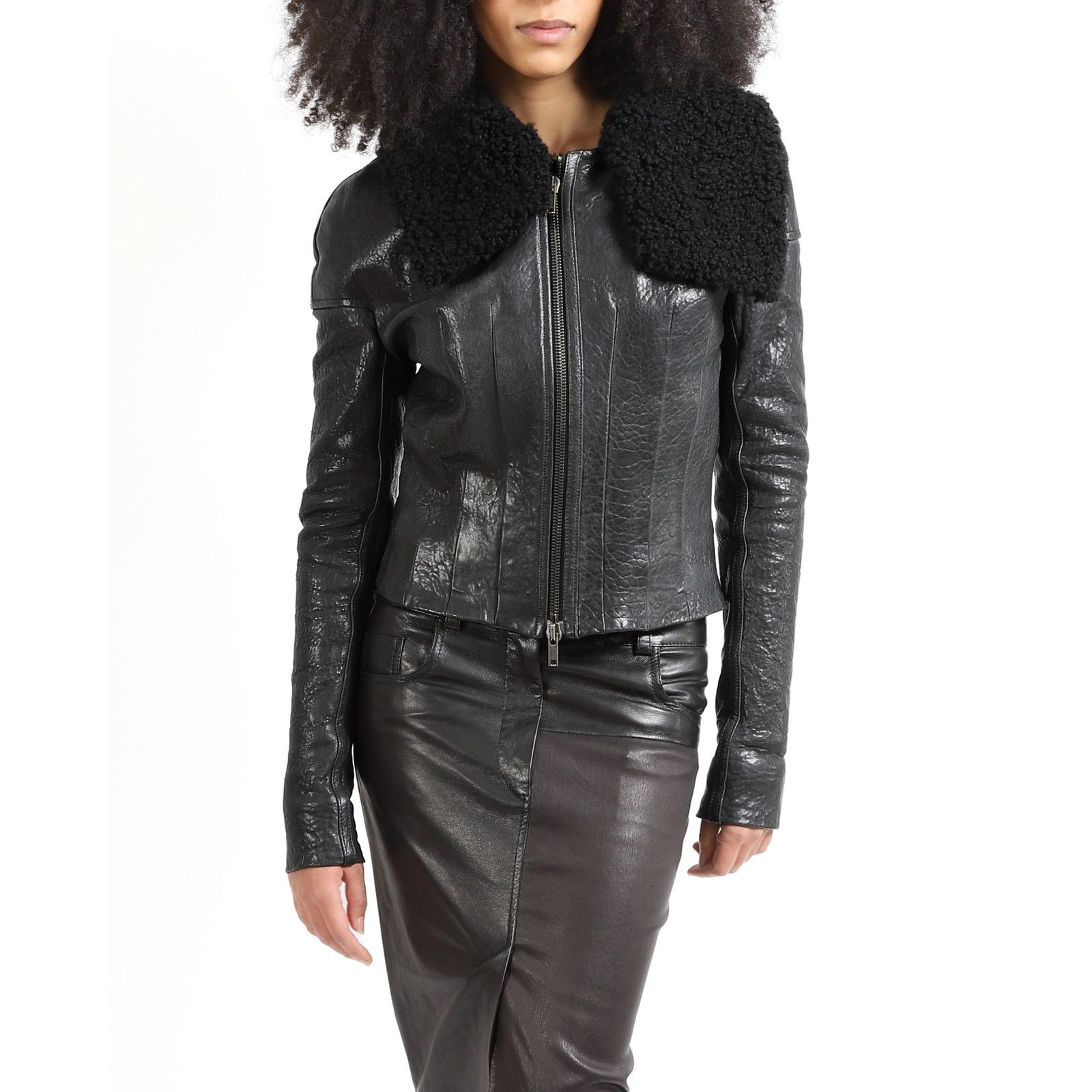 Haider Ackermann FW13 Tailored Waist Shearling Jacket in Black Leather Size XS / US 0-2 / IT 36-38 - 3 Thumbnail