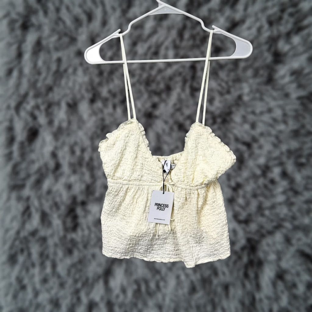 PRINCESS POLLY Princess Polly Kellan Top Cream White Textured Woven Camisole Tank V-Neck Spaghetti Straps Crop Casual Summer Women's 8 Size M / US 6-8 / IT 42-44 - 1 Thumbnail