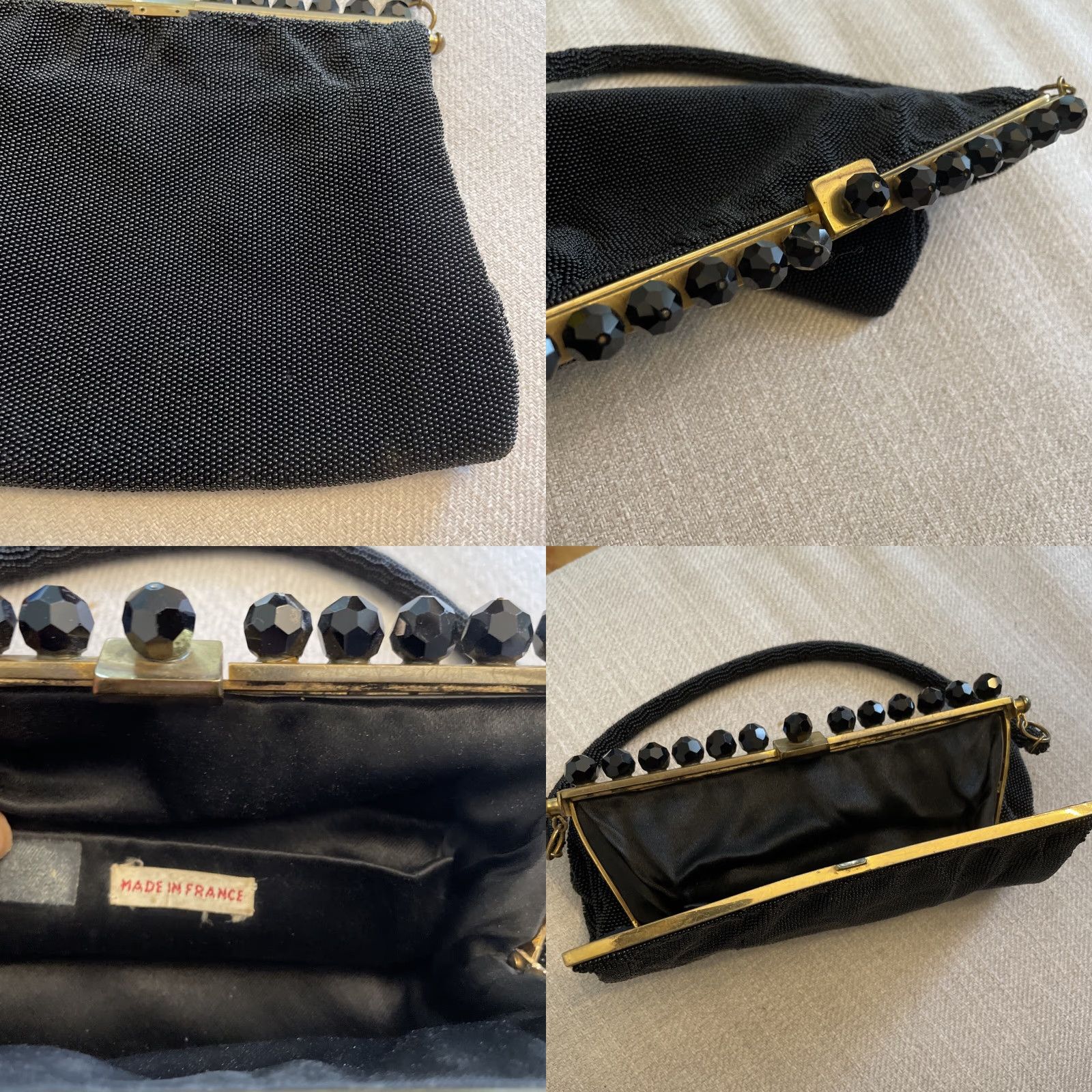 Vintage VINTAGE Black Beaded Evening Bag Handle Small Crystal Brass Handmade in France Women Evening Bag France Crystal Beaded Bag Womens Size ONE SIZE - 8 Thumbnail