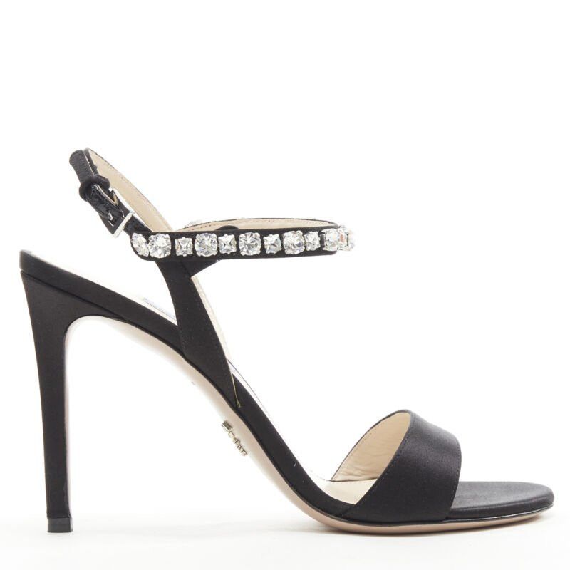 new PRADA black satin crystal embellished strappy high heel sandals EU37