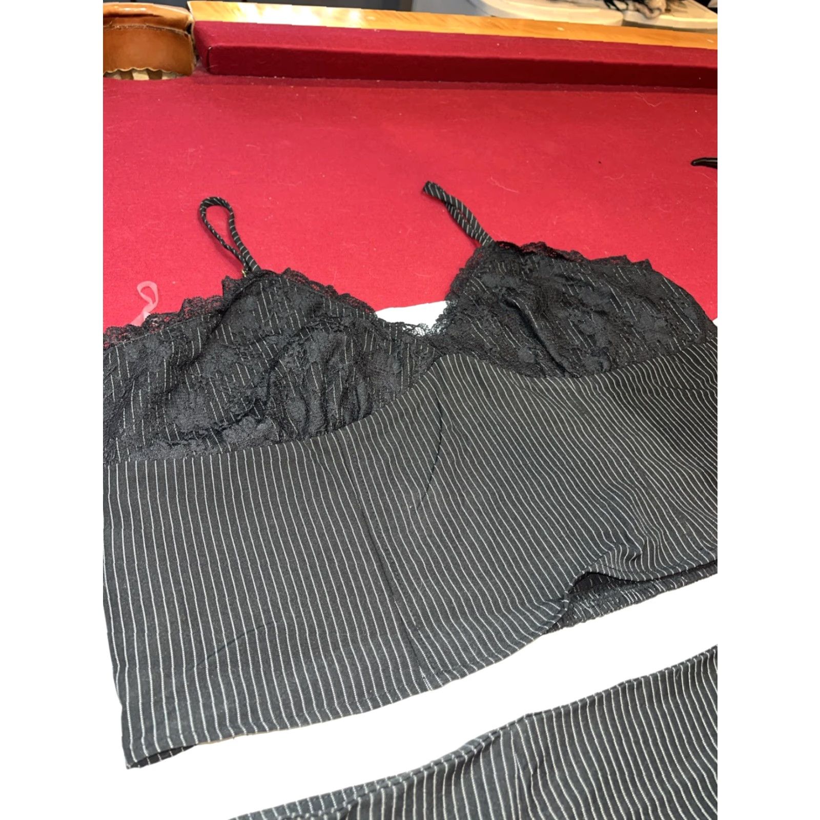 Vintage No Boundaries 2XL Black White Pin Striped Bustier Corset Lace Top Skirt Set Women's gangster 1920s Fusion Night Clubwear Costume Size XXL / US 16-18 / IT 52-54 - 3 Thumbnail