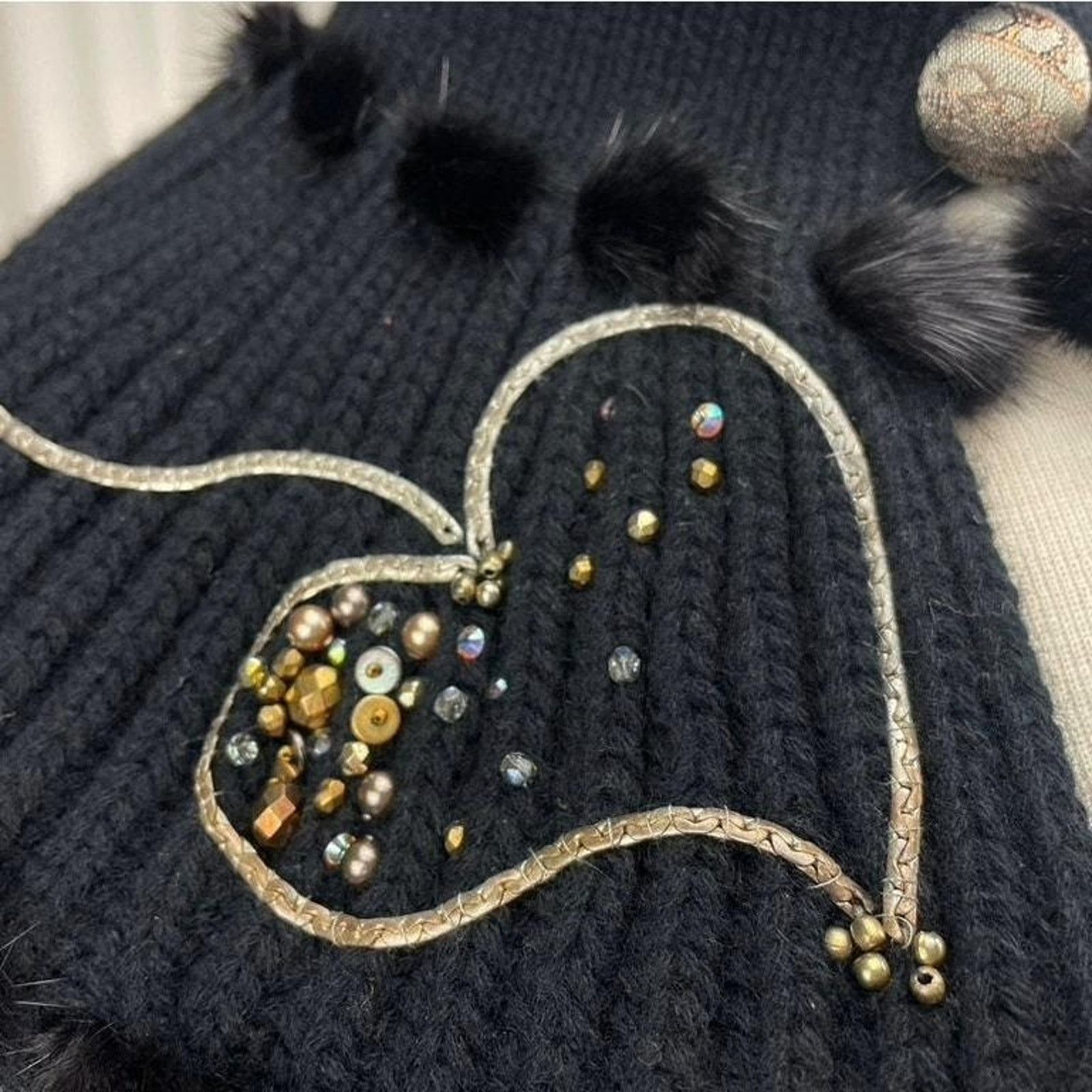 Handmade MINAPOE Wrap Scarf Black Cashmere Fur Button Handmade Collar Size ONE SIZE - 5 Thumbnail