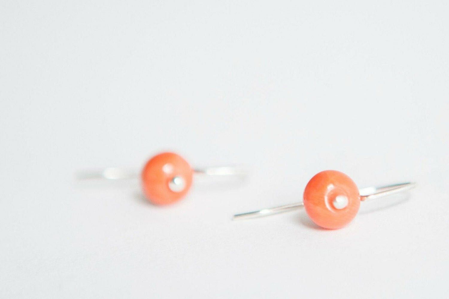Designer Hand Made Sterling Silver Red Coral Bead Earrings Size ONE SIZE - 2 Thumbnail