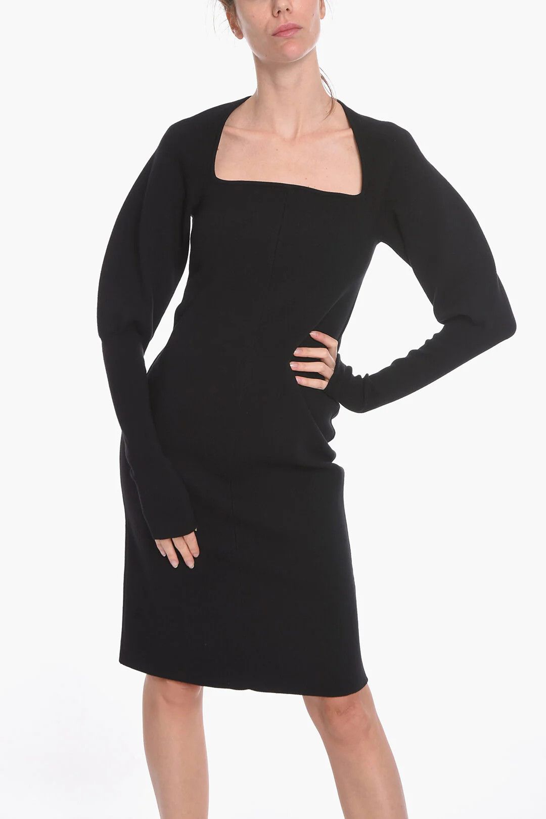 Bottega Veneta og1mm0426 Stretch Wool Knit Midi Dress in Black Size XS / US 0-2 / IT 36-38 - 4 Thumbnail