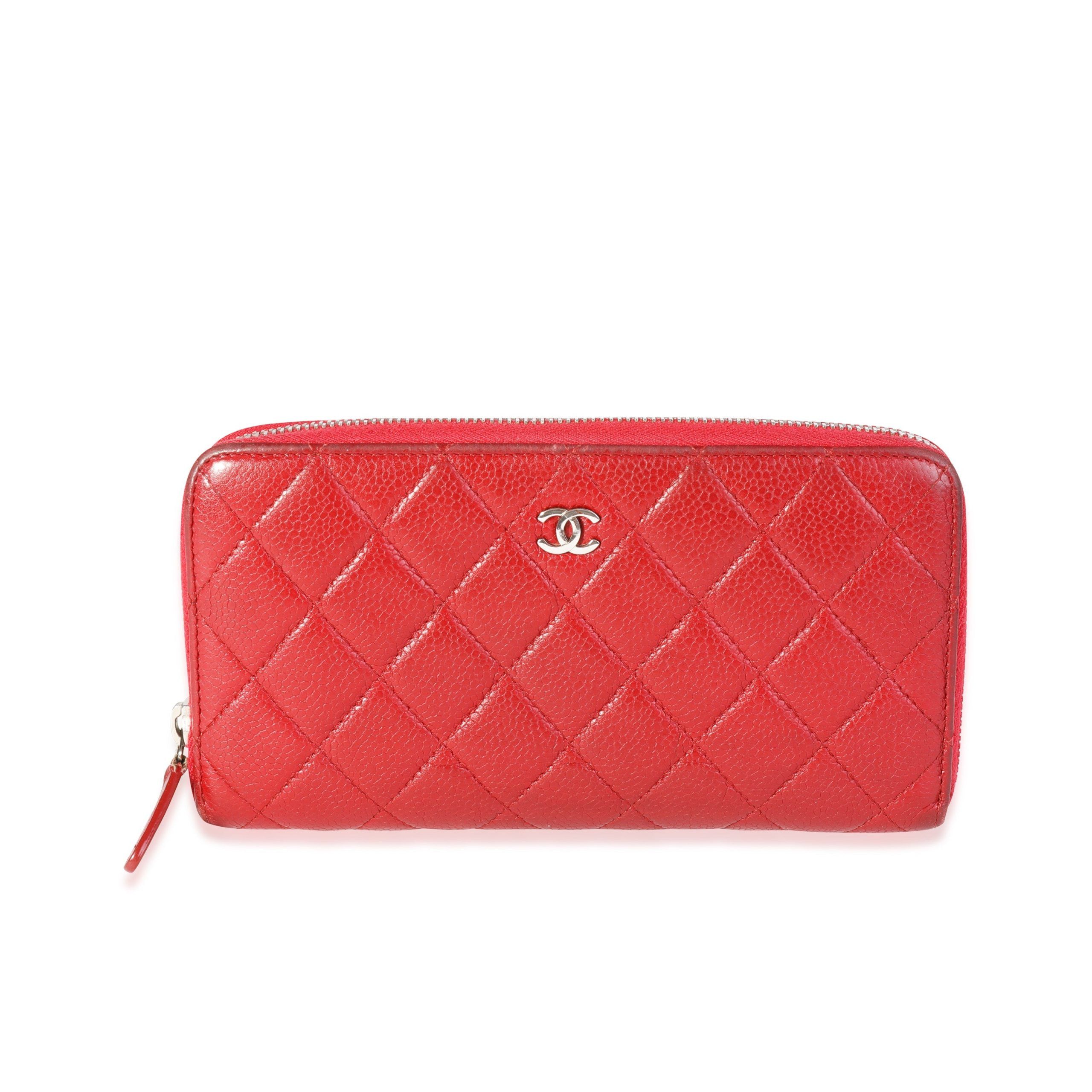 image of Chanel Red Quilted Caviar L-Gusset Zip-Around Wallet in Black, Women's