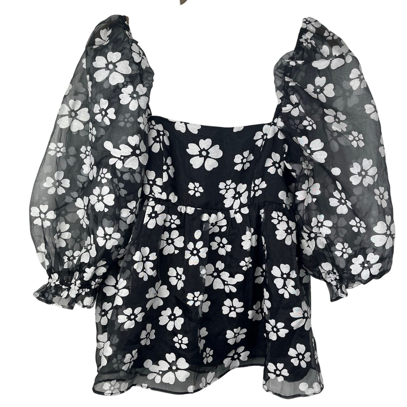 Other Storia Puff Sleeve Sheer Black and White Floral Blouse Party Size S / US 4 / IT 40 - 2 Thumbnail