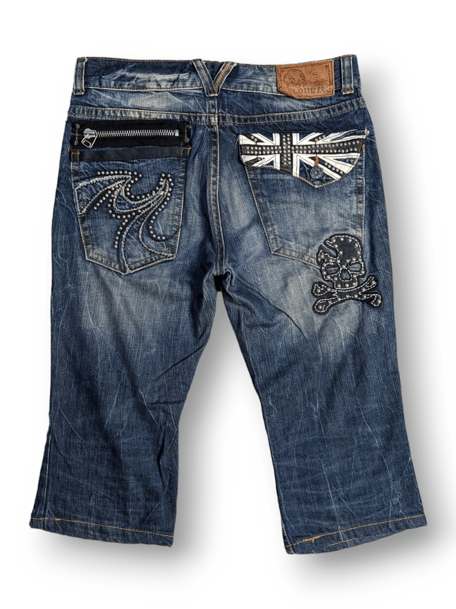 image of Hype x Hysteric Glamour Cloud 72 Studded Skulls Beauty Fade Denim Shorts in Blue Denim (Size 33)